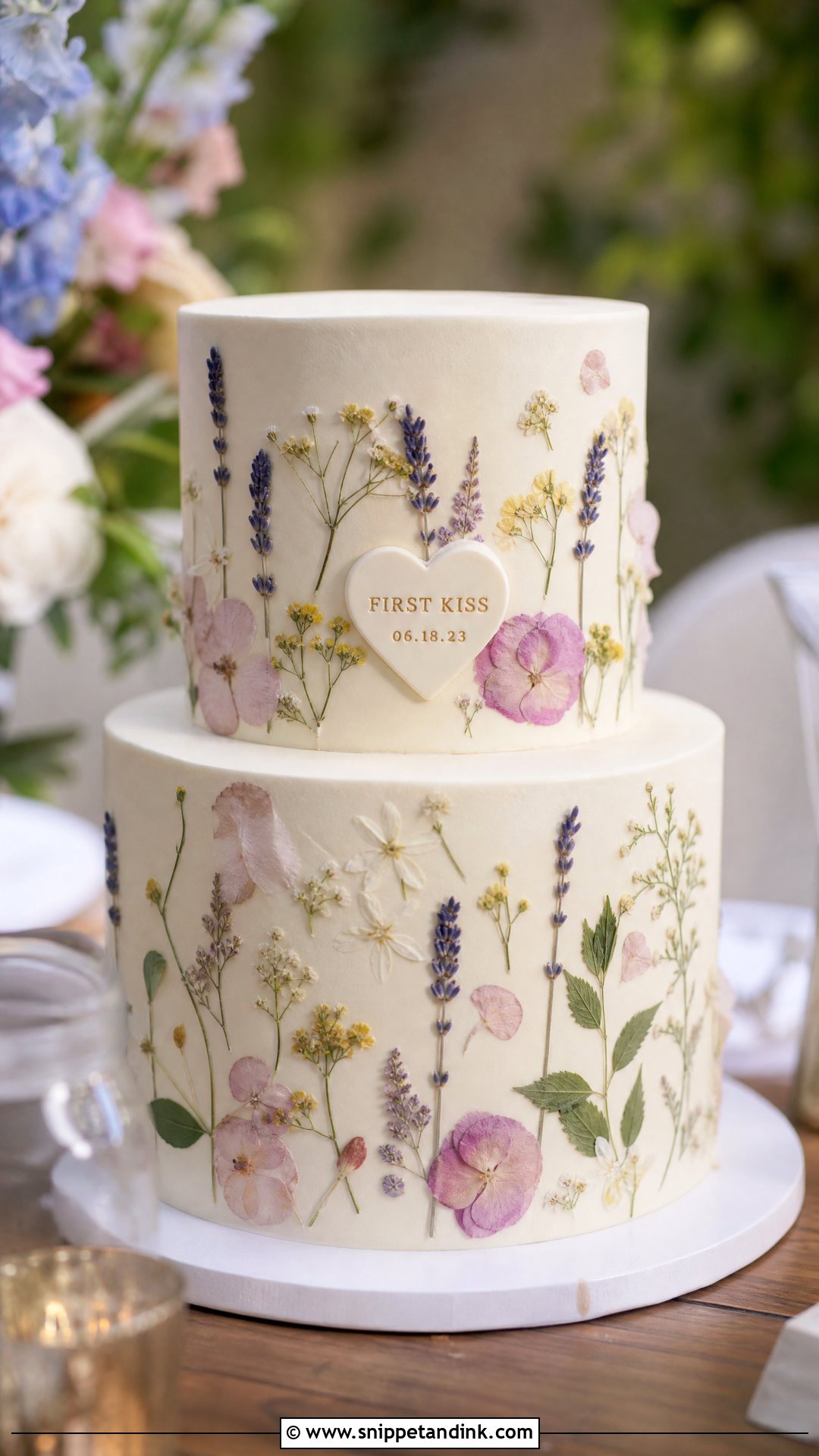 First Kiss Wedding Cake With Pressed Flowers - Snippet and Ink - 25 First Kiss Cake Ideas for Wedding