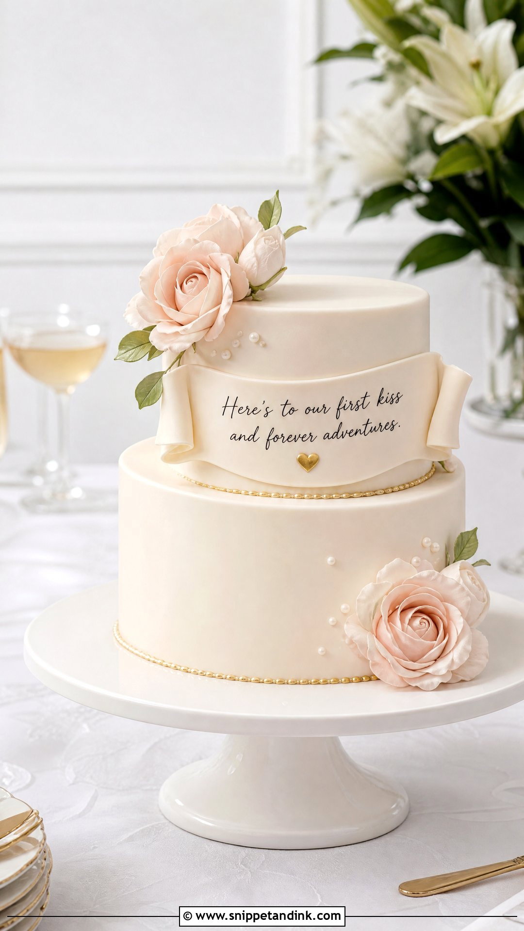 First Kiss Wedding Cake With Romantic Quote - Snippet and Ink - 25 First Kiss Cake Ideas for Wedding