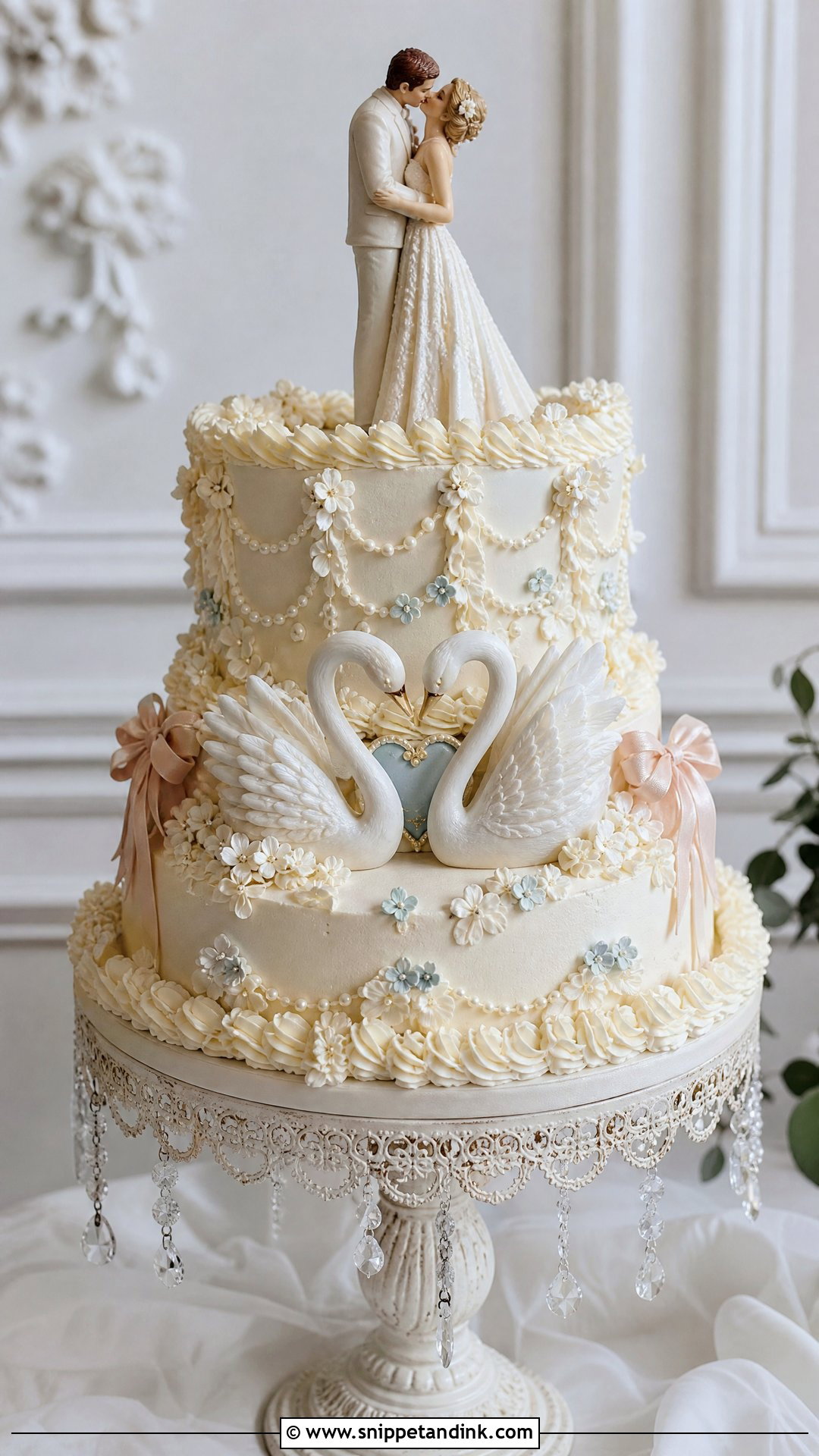 First Kiss Wedding Cake With Swan Detail - Snippet and Ink - 25 First Kiss Cake Ideas for Wedding