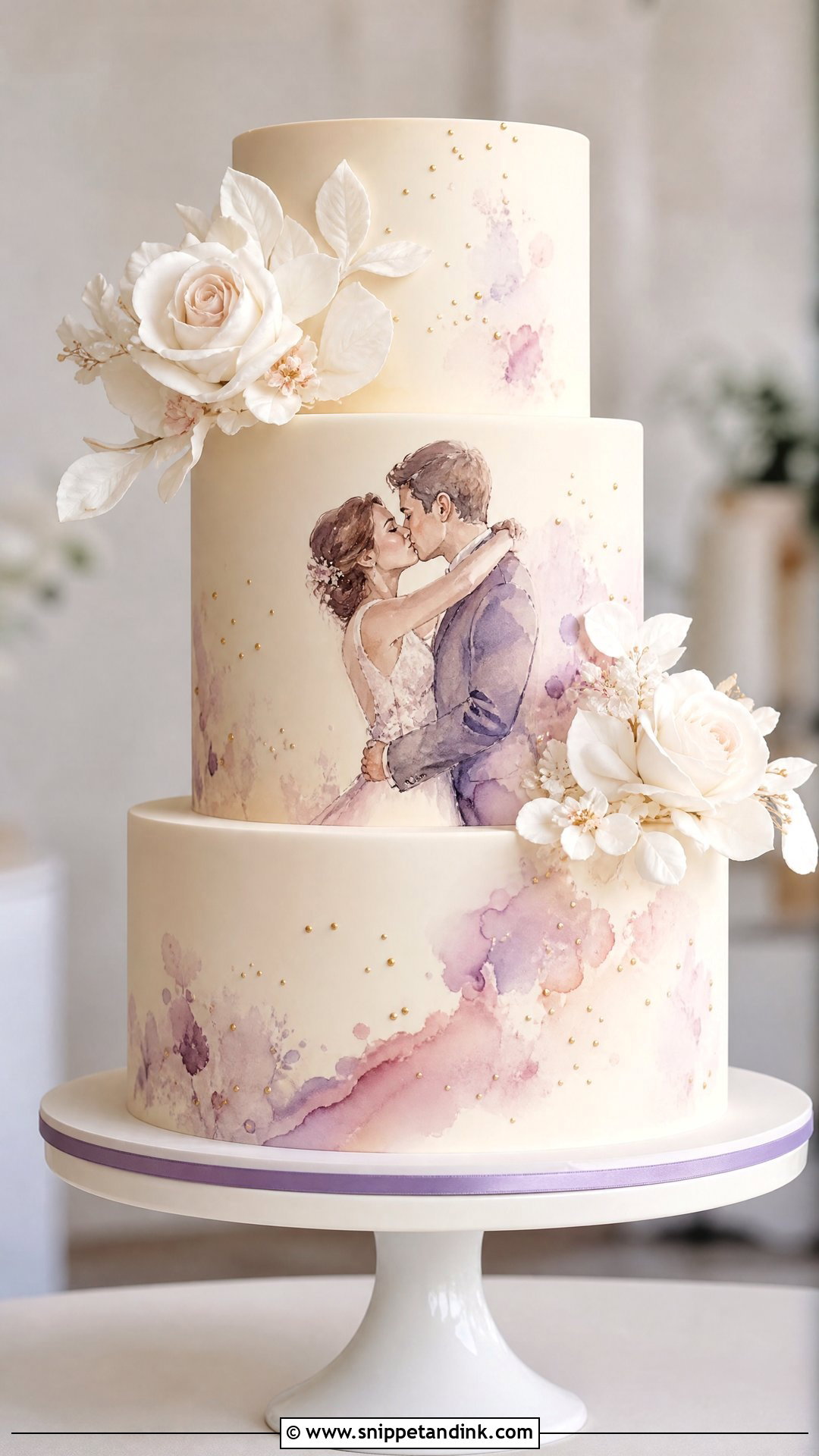 First Kiss Wedding Cake With Watercolor Painting - Snippet and Ink - 25 First Kiss Cake Ideas for Wedding