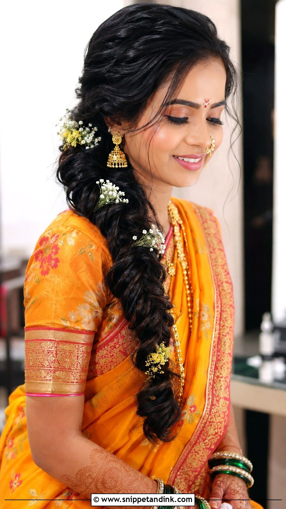 Fishtail Braid Bridal Look - Snippet and Ink - 25 Marathi Bride Hairstyle Ideas