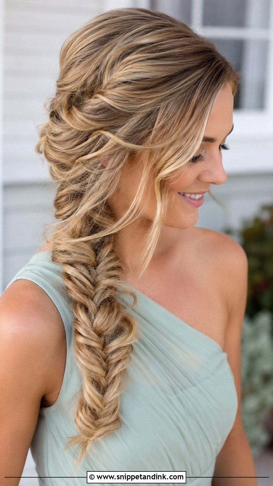Fishtail Braid For One Shoulder Dress - Snippet and Ink - 20 Bridesmaid Hairstyles One Shoulder Dress