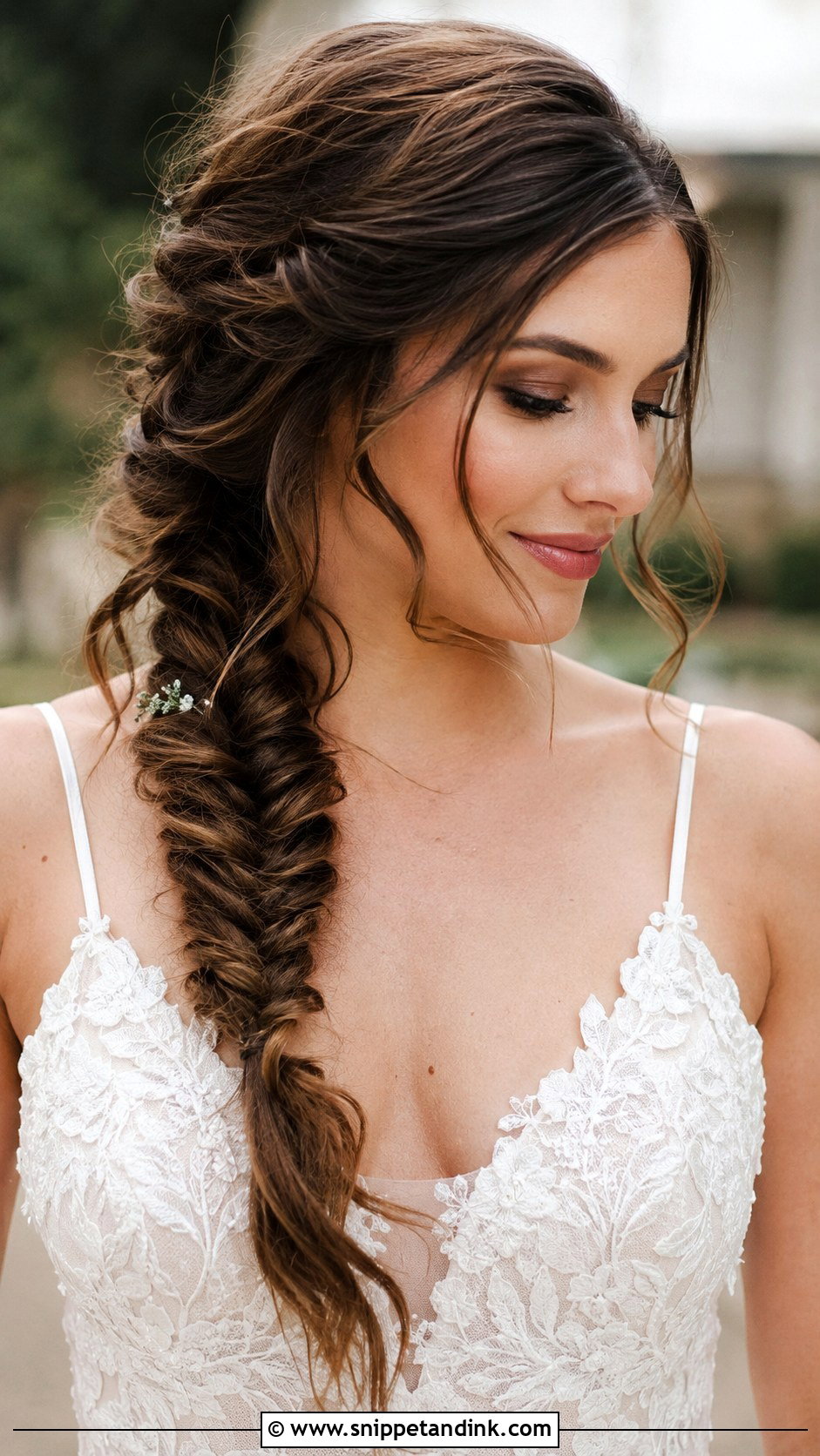 Fishtail Braid Over the Shoulder - Snippet and Ink - 20 Wedding Party Hairstyles for Medium Hair