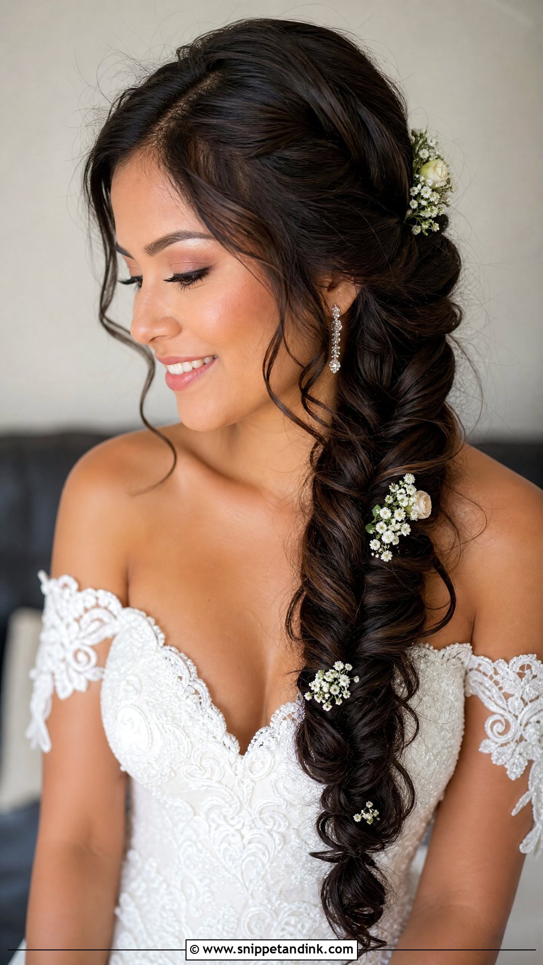 Fishtail Braid Wedding Hairstyle For Long Hair - Snippet and Ink - 20 Wedding Hairstyles for Long Hair Off Shoulder Dress