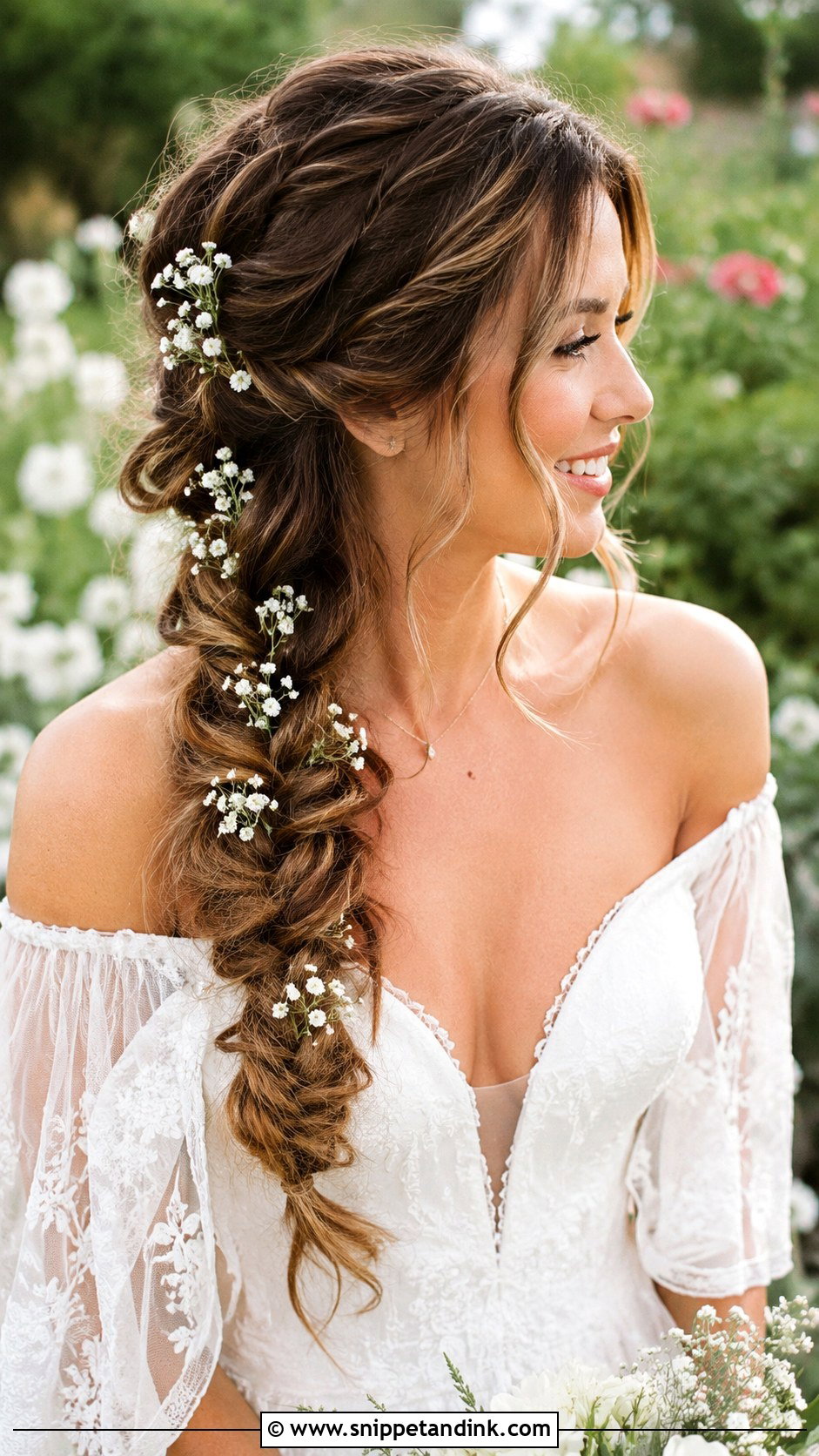 Fishtail Braid With Babys Breath - Snippet and Ink - 20 Bride Hairstyles with Flowers