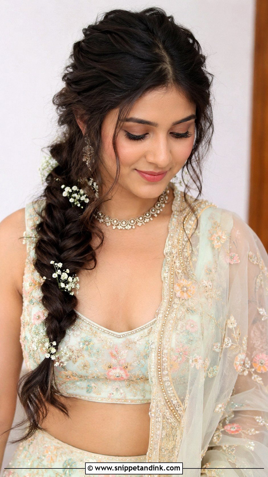 Fishtail Braid With Babys Breath - Snippet and Ink - 25 Indian Braided Hairstyles for Wedding