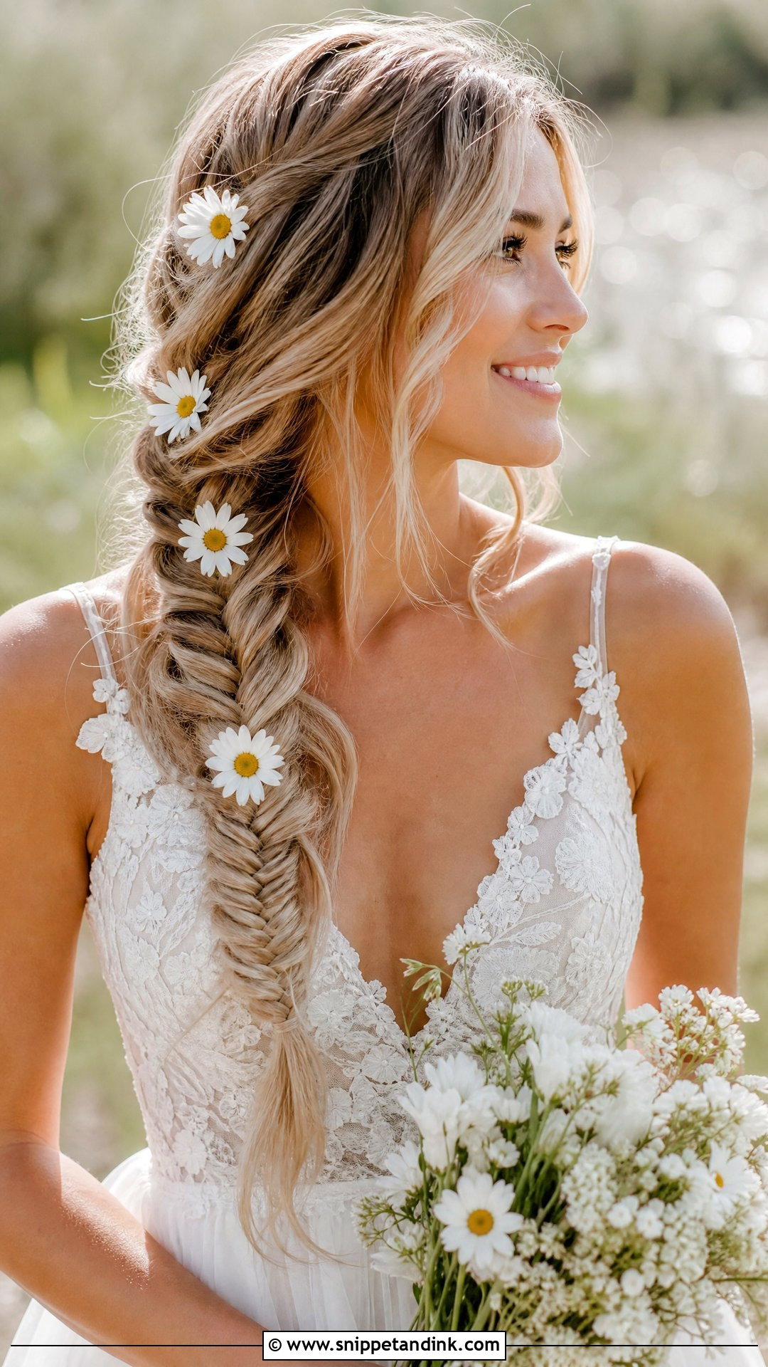 Fishtail Braid With Daisies - Snippet and Ink - 20 Bridal Hairstyles with Flowers