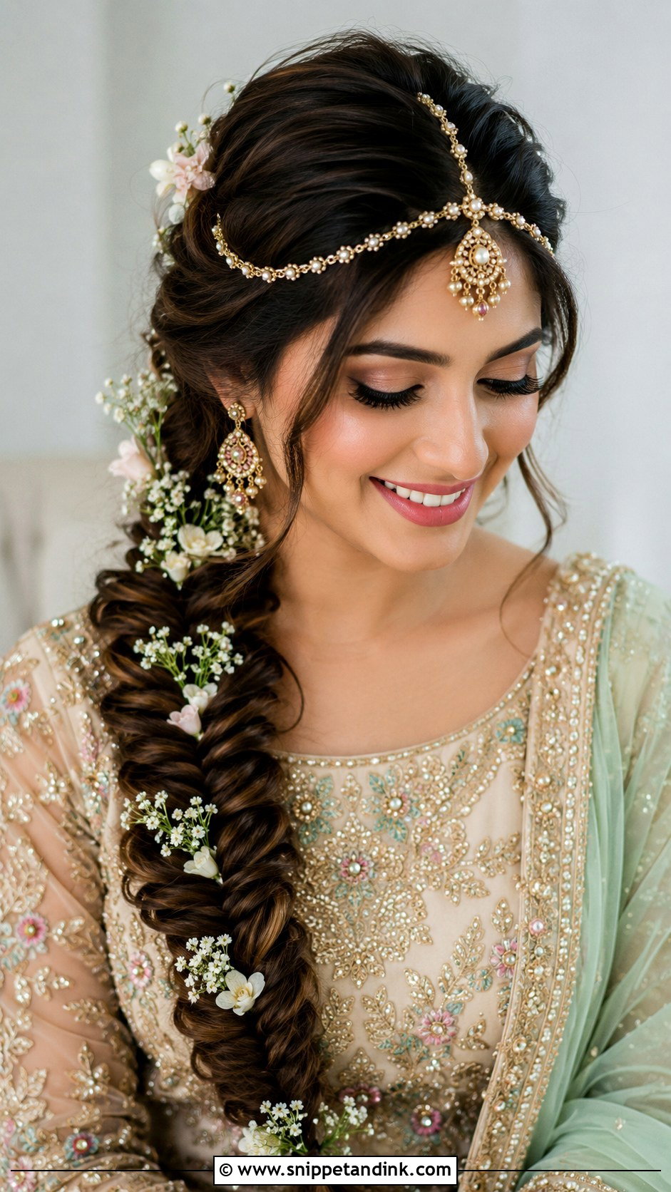Fishtail Braid With Floral Accents - Snippet and Ink - 20 Pakistani Barat Bride Hairstyles