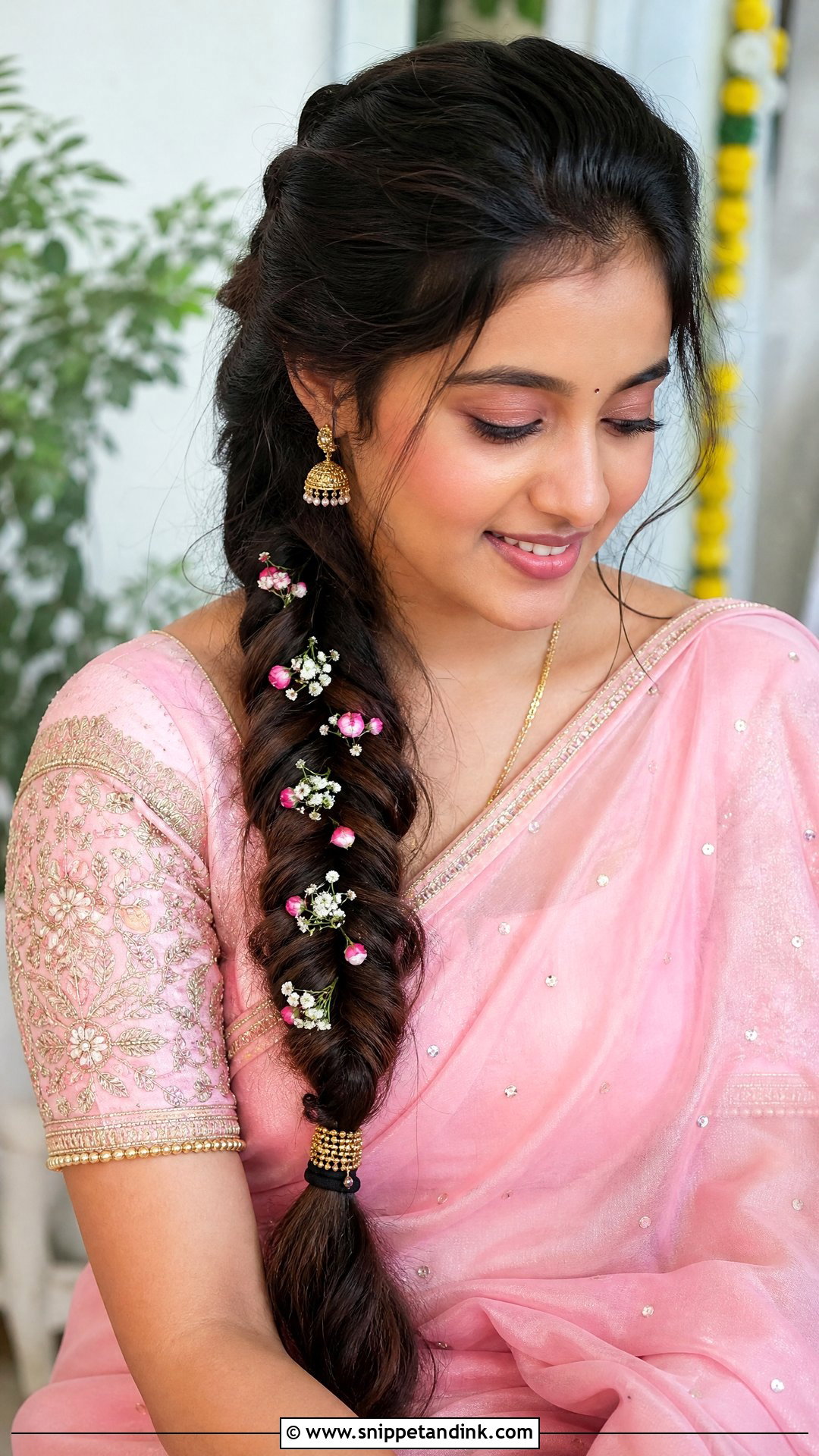 Fishtail Braid With Floral Accents - Snippet and Ink - 20 South Indian Wedding Hairstyles for Long Hair