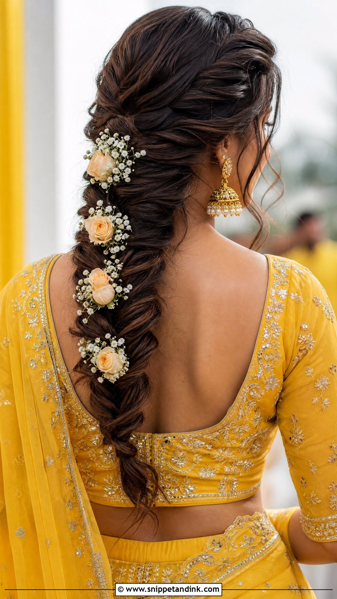 Fishtail Braid With Floral Accents - Snippet and Ink - 20 Traditional Indian Wedding Hairstyles