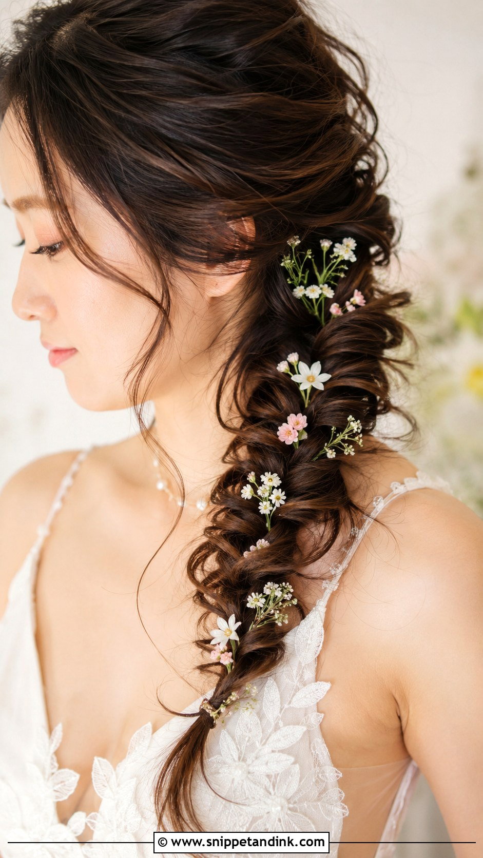 Fishtail Braid With Floral Accents - Snippet and Ink - 25 Asian Wedding Hair Ideas