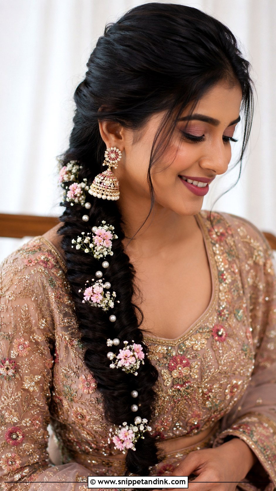 Fishtail Braid With Floral Accents - Snippet and Ink - 25 Traditional Indian Weddings Bridal Hairstyles