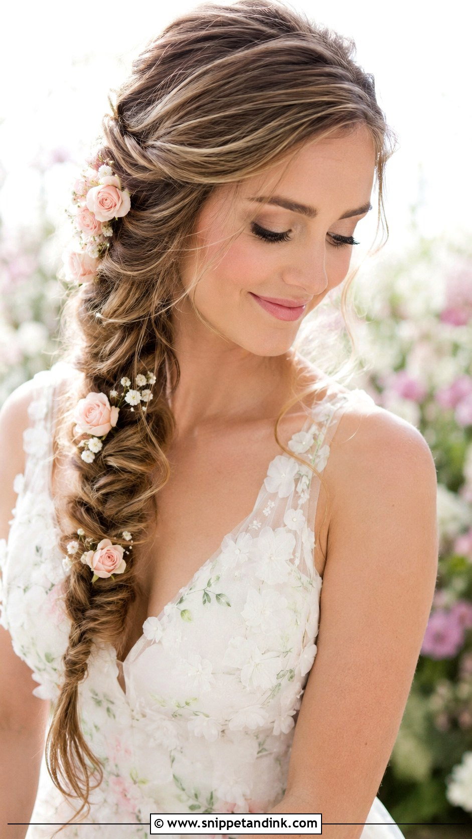 Fishtail Braid With Floral Accents - Snippet and Ink - 20 Bride Hair Flowers
