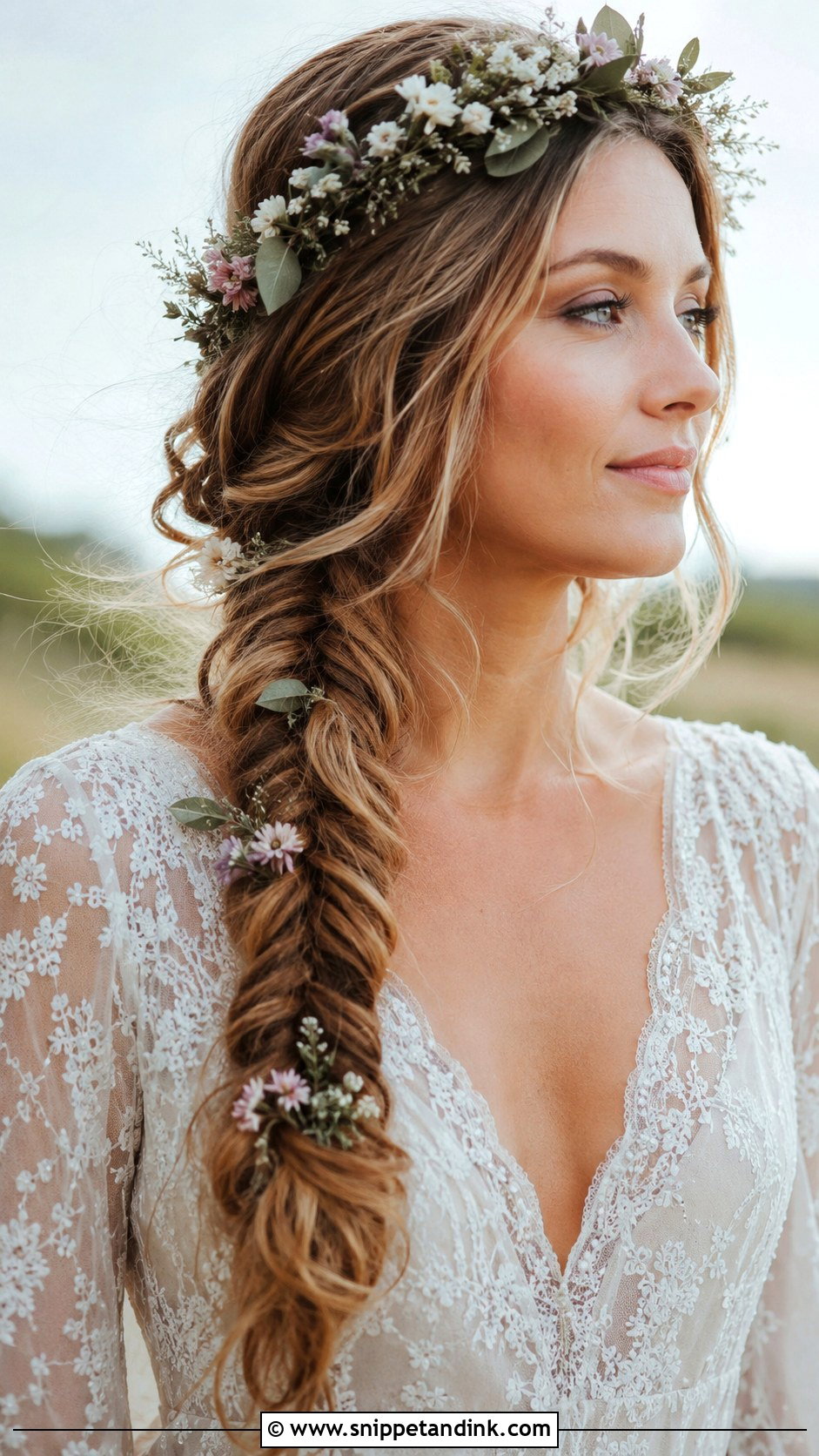 Fishtail Braid With Floral Crown - Snippet and Ink - 20 Wedding Hair with Crown Ideas