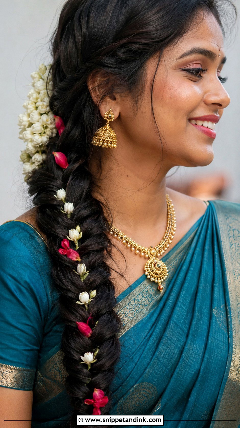 Fishtail Braid With Flowers - Snippet and Ink - 20 Valaikappu Hairstyles