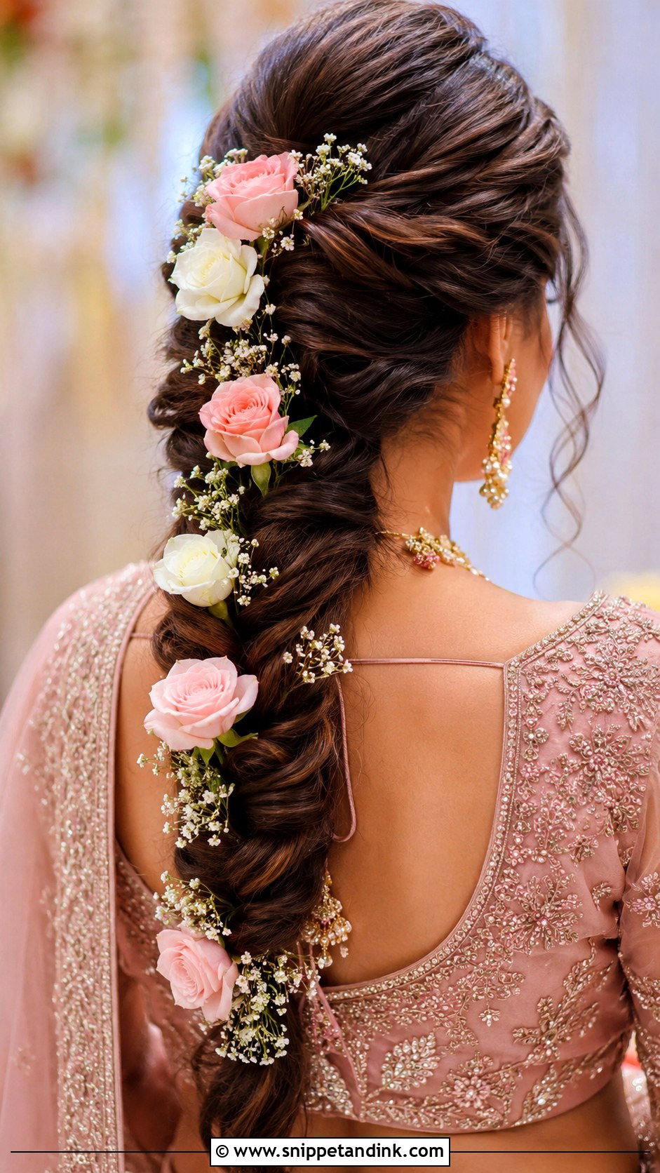 Fishtail Braid With Flowers - Snippet and Ink - 25 Asian Bridal Hair Ideas