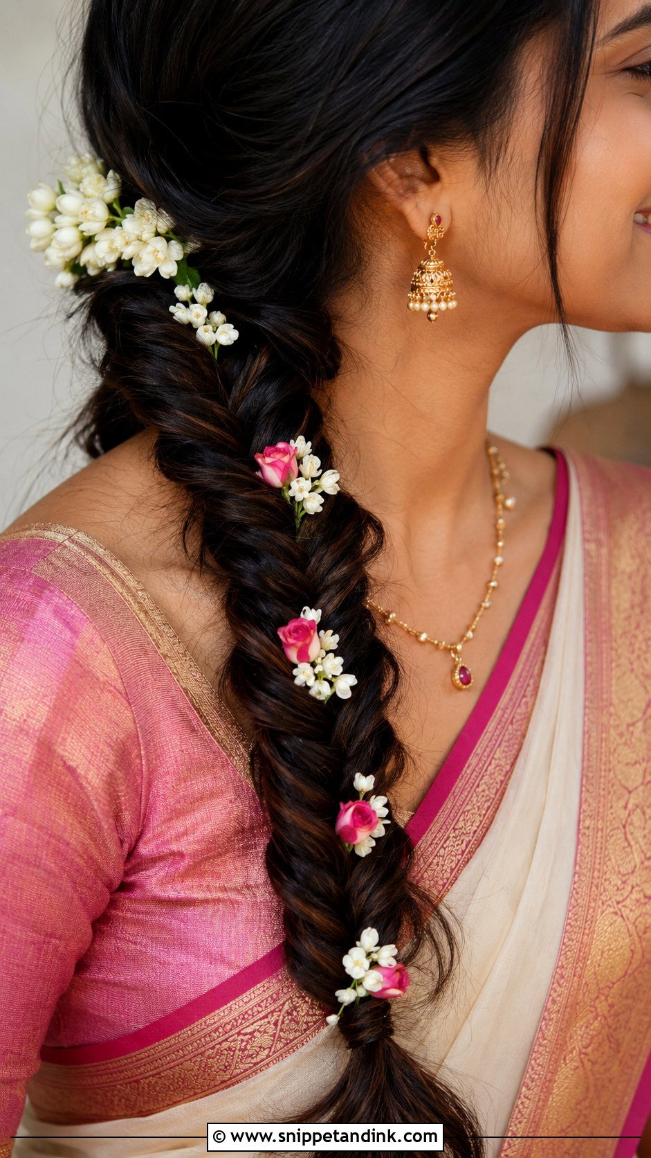 Fishtail Braid With Flowers - Snippet and Ink - 25 Easy Simple Medium Length Hair Hairstyles for Indian Weddings