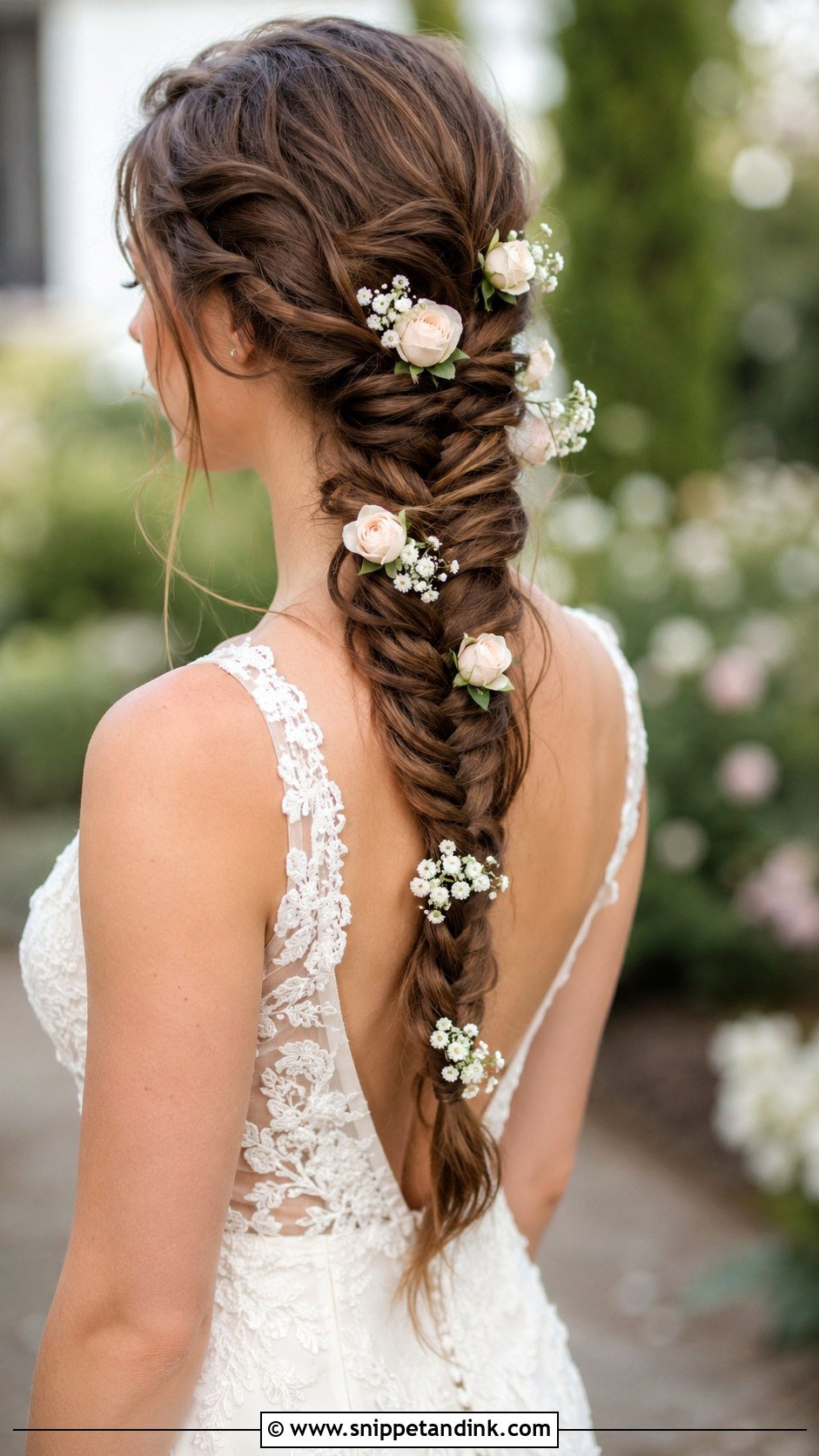 Fishtail Braid With Flowers - Snippet and Ink - 20 Fishtail Wedding Hair Ideas