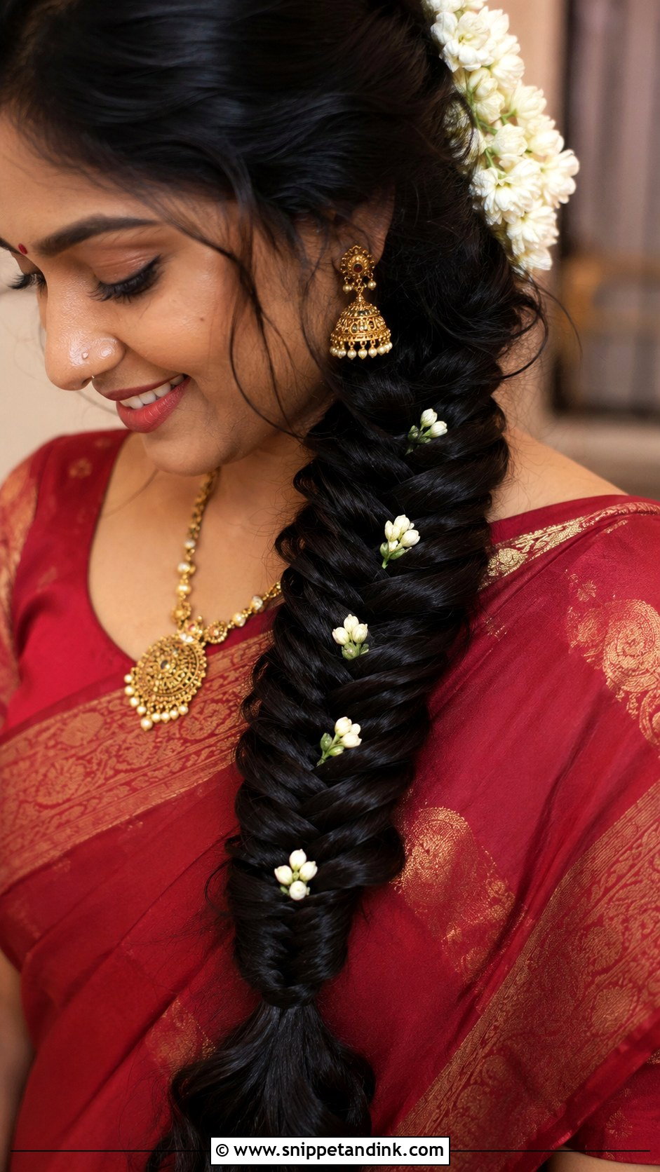 Fishtail Braid With Flowers - Snippet and Ink - 25 Kerala Wedding Hairstyle Ideas