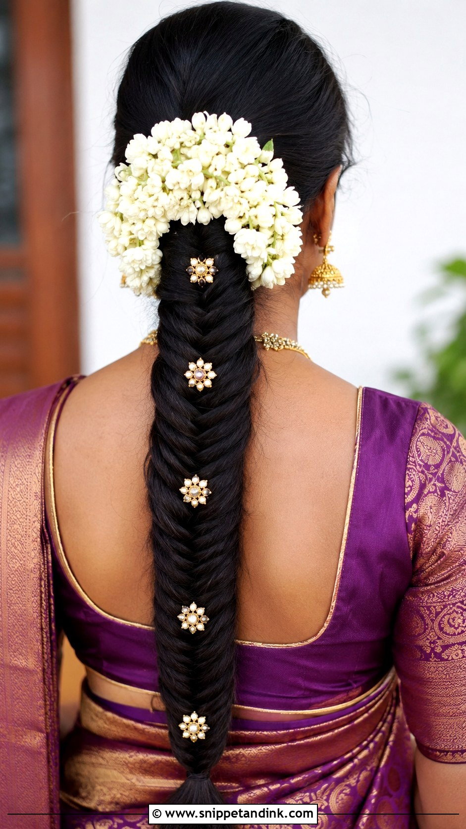 Fishtail Braid With Flowers - Snippet and Ink - 25 South Indian Bride Engagement Hairstyle Ideas