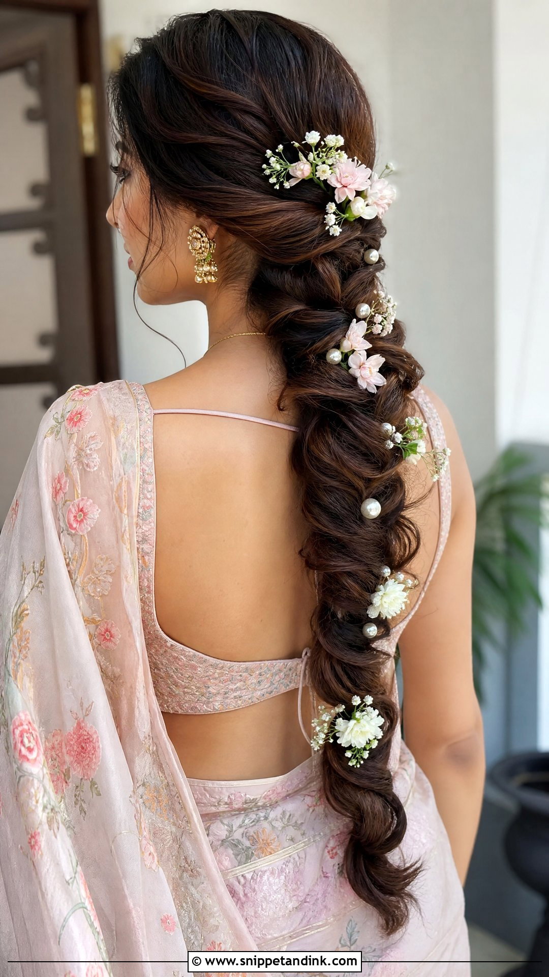 Fishtail Braid With Flowers - Snippet and Ink - 20 Indian Hairstyle for Wedding Guest Ideas
