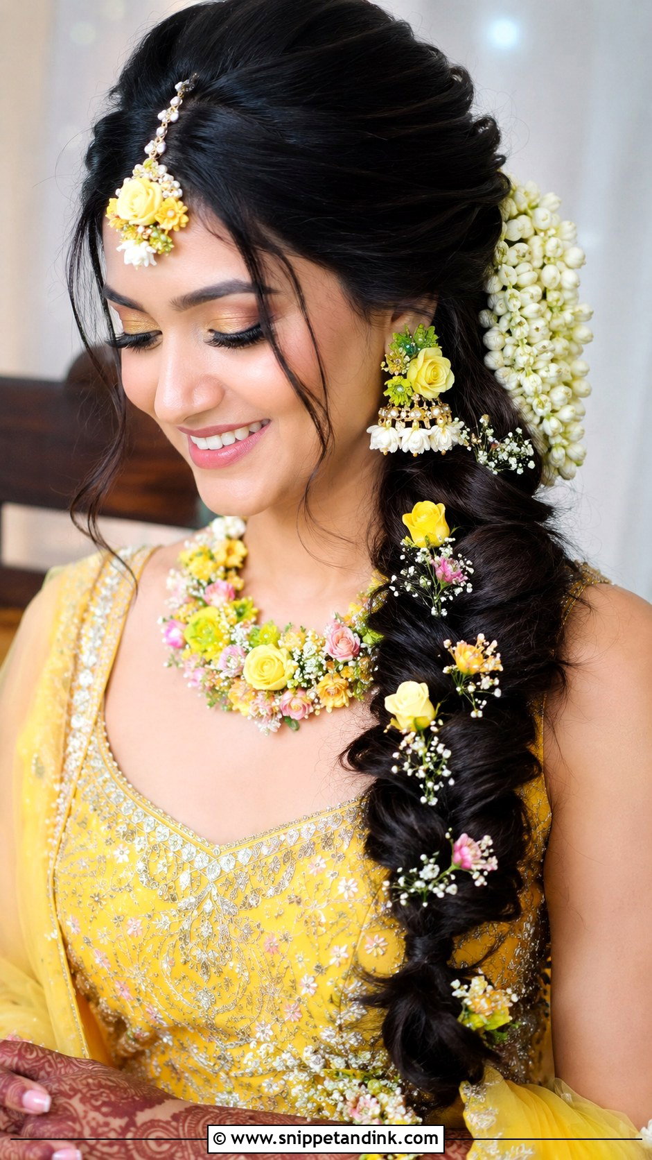 Fishtail Braid With Flowers - Snippet and Ink - 20 Desi Bride Hair Ideas