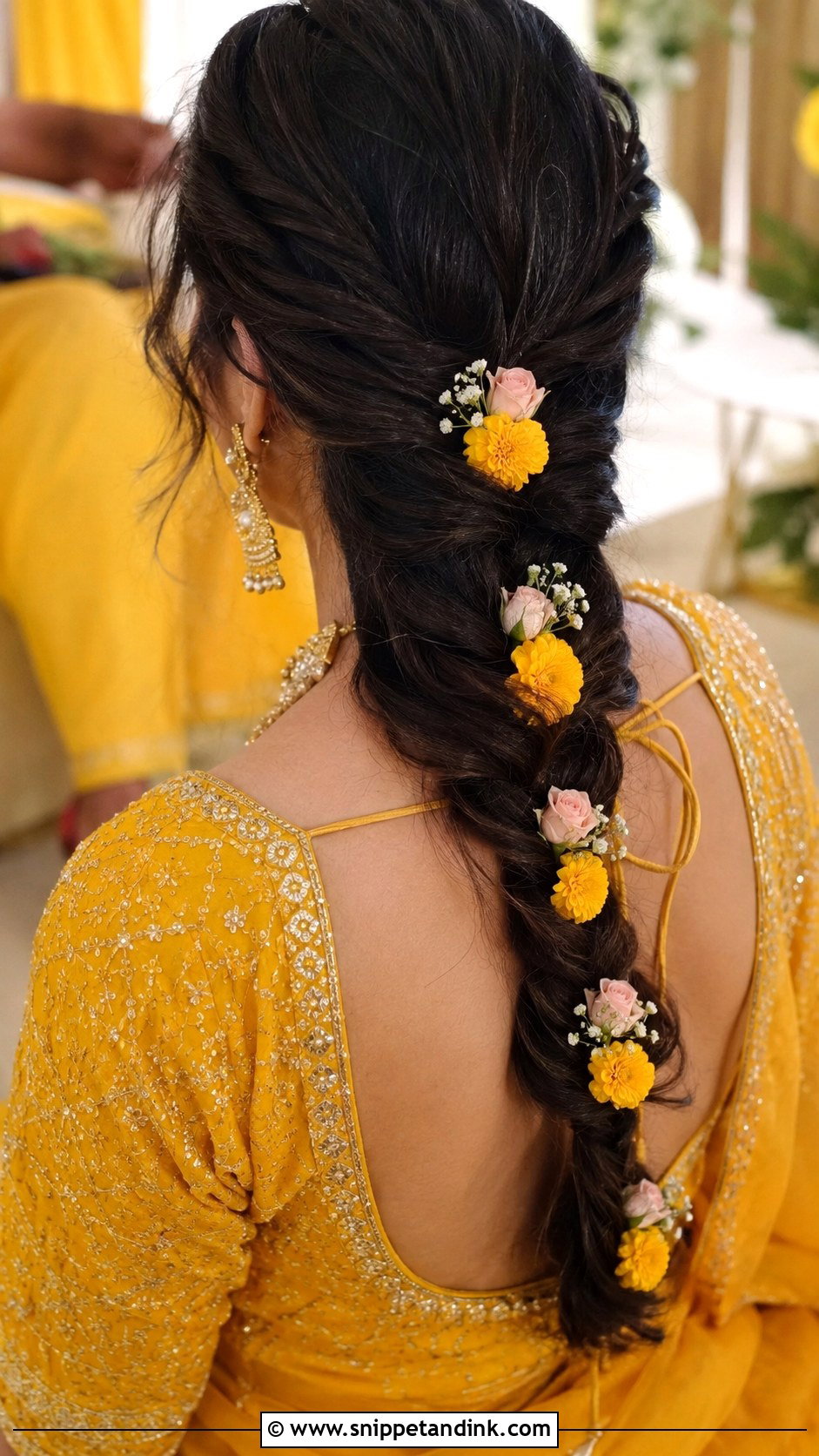 Fishtail Braid With Fresh Flowers - Snippet and Ink - 25 Haldi Ceremony Hairstyle for Bride Ideas