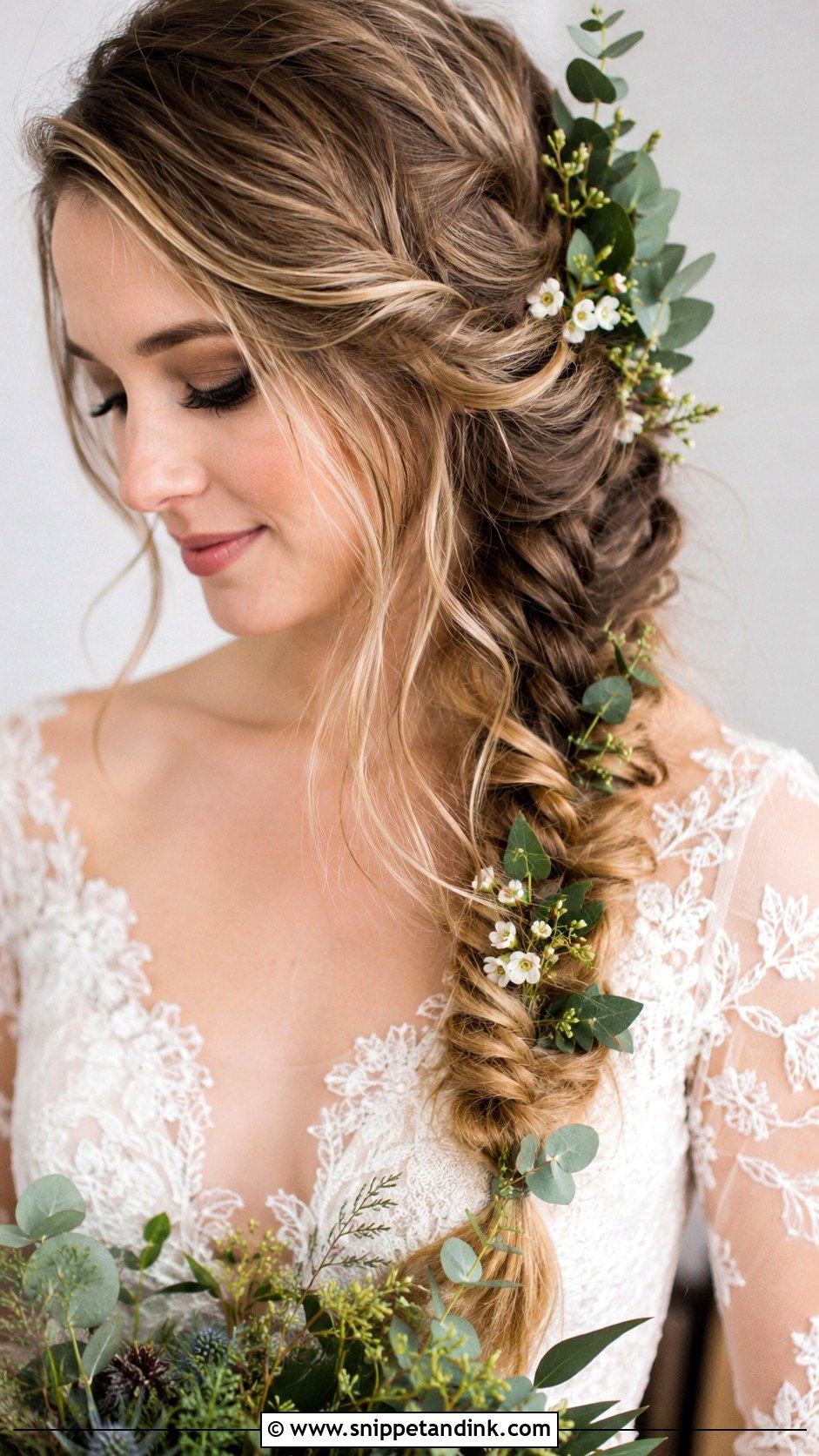 Fishtail Braid With Greenery - Snippet and Ink - 25 Fairy Wedding Hair Ideas