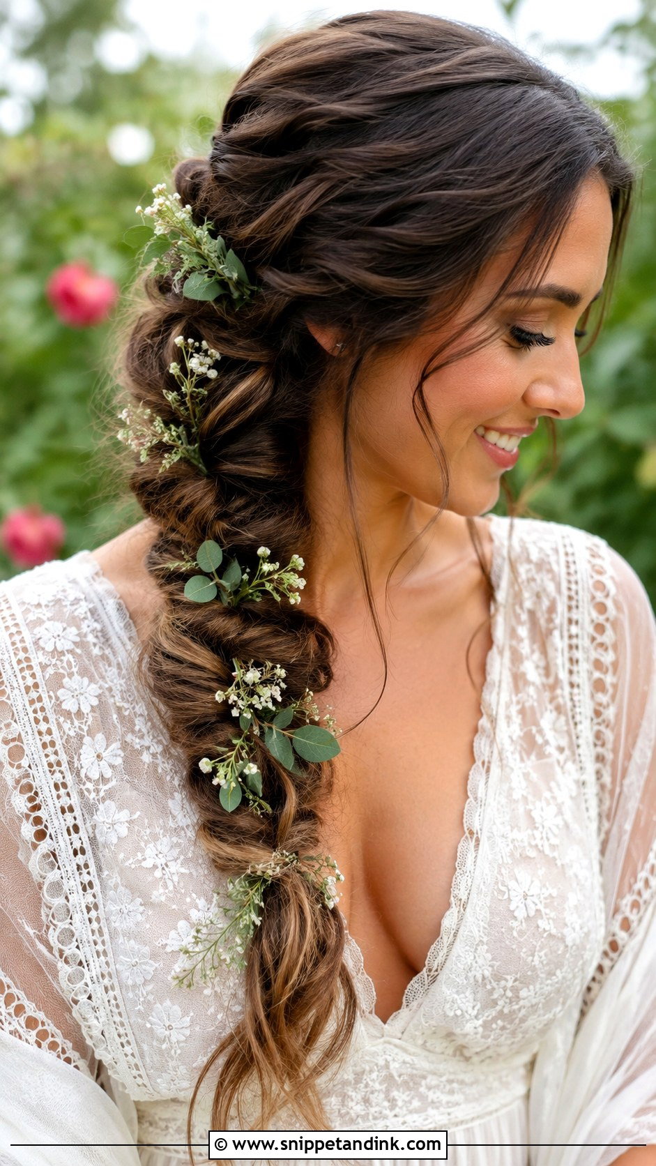 Fishtail Braid With Greenery - Snippet and Ink - 25 Wedding Hairstyles with Flowers