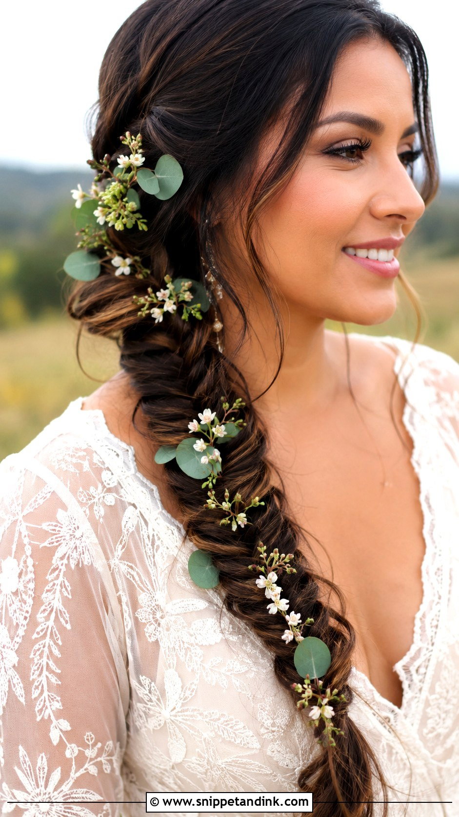 Fishtail Braid With Greenery - Snippet and Ink - 25 Bridal Hair with Flowers