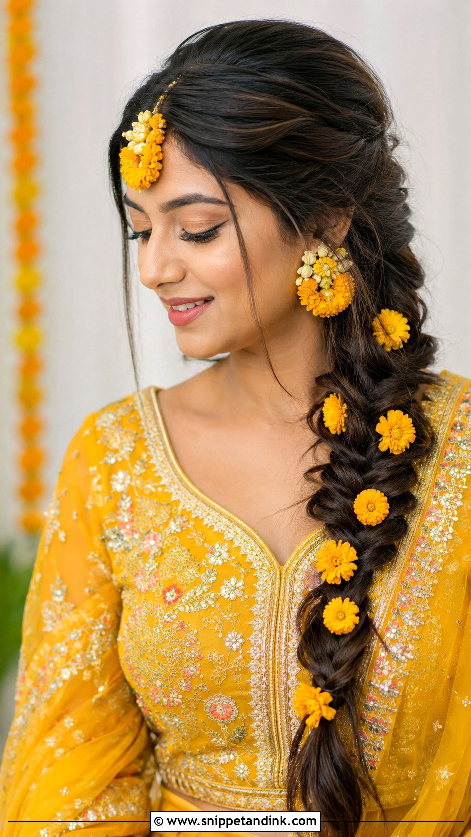 Fishtail Braid With Marigold Flowers - Snippet and Ink - 20 Haldi Braid Hairstyles for Bride