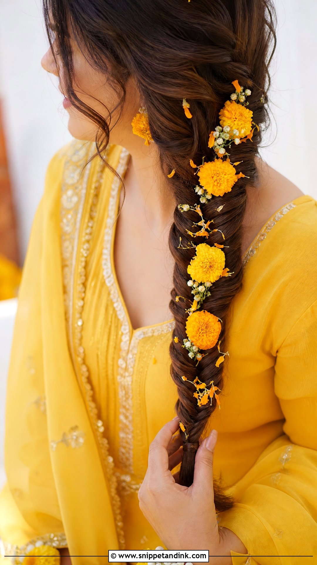 Fishtail Braid With Marigolds - Snippet and Ink - 20 Haldi Bridal Hairstyle Ideas