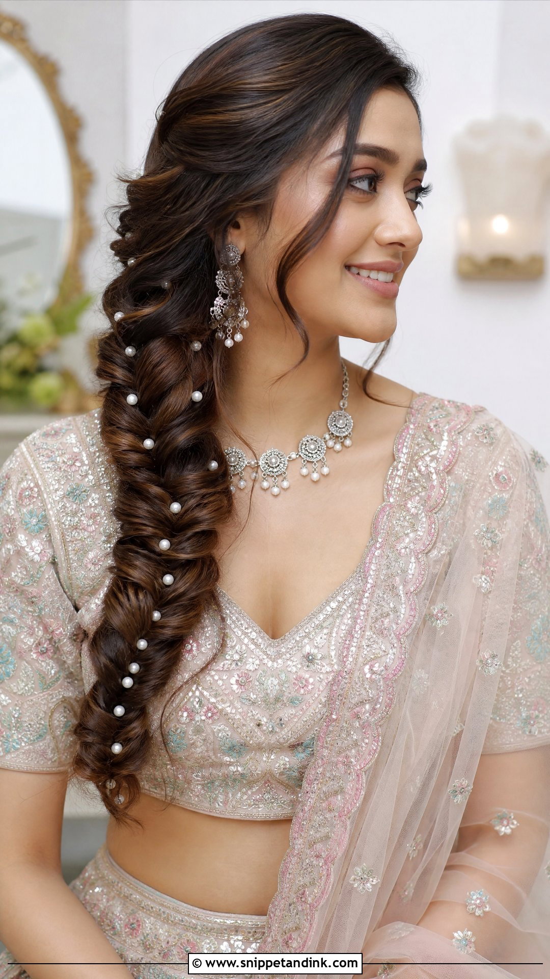 Fishtail Braid With Pearl Accents - Snippet and Ink - 20 Indian Hairstyles for Wedding Guest