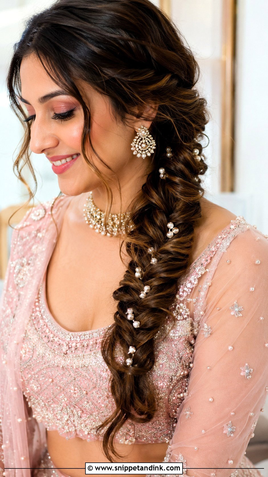 Fishtail Braid With Pearls - Snippet and Ink - 20 Indian Wedding Hair Styles