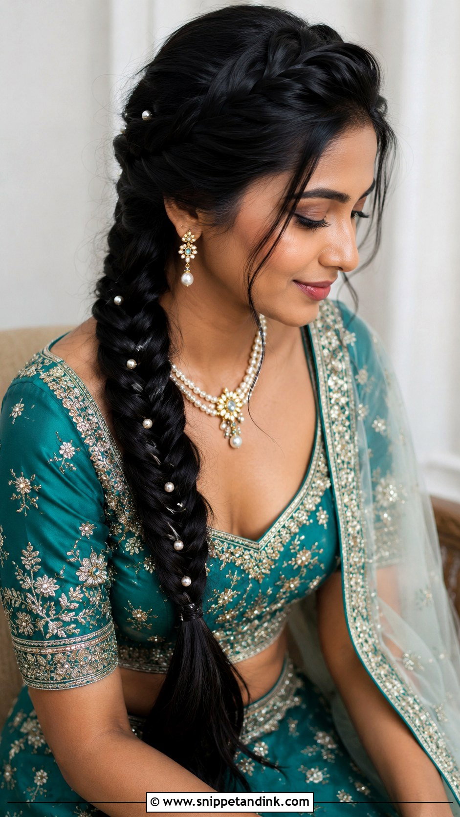 Fishtail Braid With Pearls - Snippet and Ink - 25 Indian Marriage Hairstyle Ideas