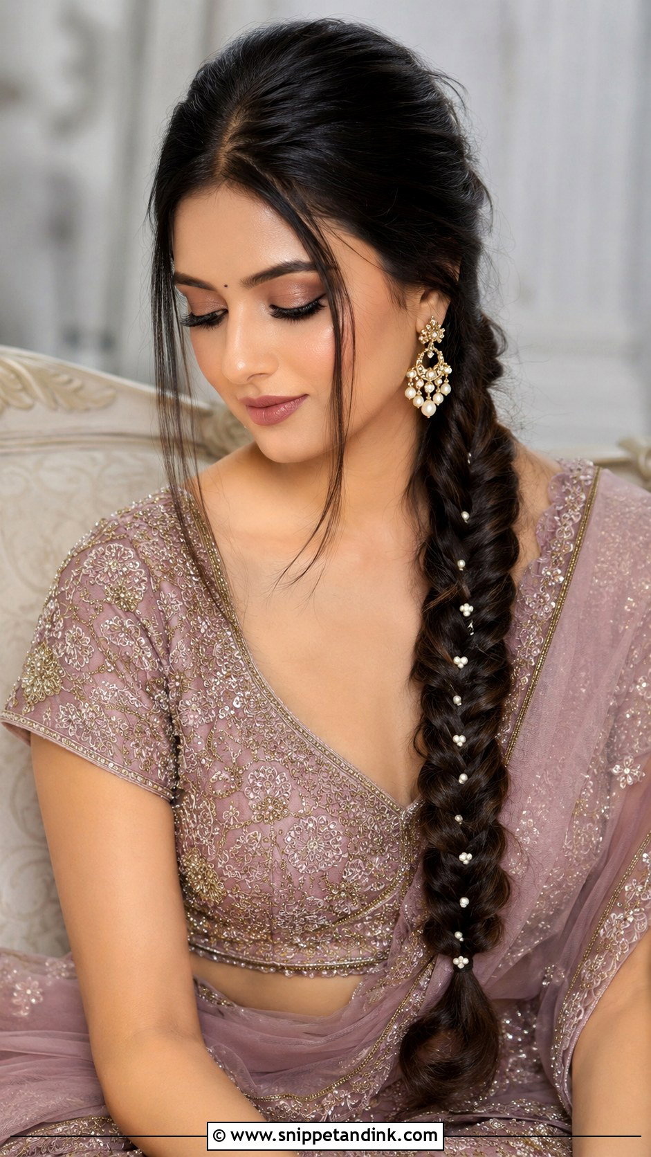Fishtail Braid With Pearls - Snippet and Ink - 25 Indian Wedding Hairstyles for Long Hair