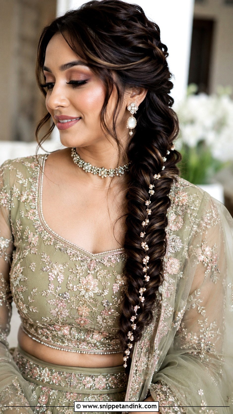 Fishtail Braid With Pearls - Snippet and Ink - 20 Desi Bridal Hair Ideas