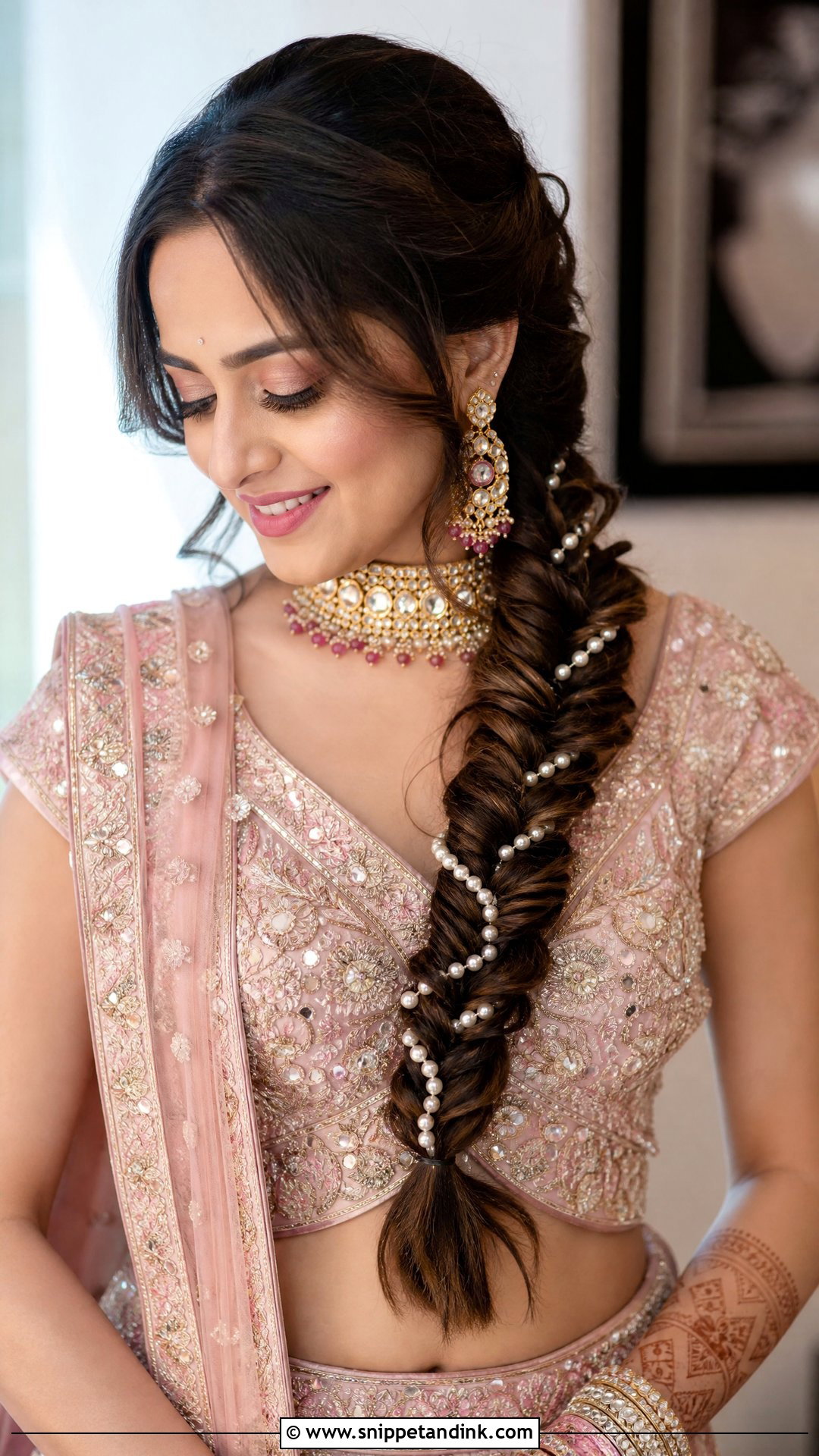Fishtail Braid With Pearls - Snippet and Ink - 20 Desi Wedding Hairstyles for Long Hair