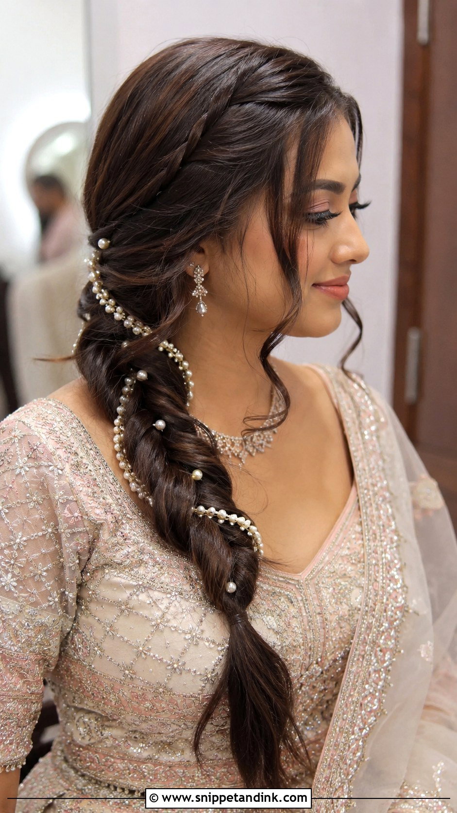 Fishtail Braid With Pearls - Snippet and Ink - 20 Hairstyles for Desi Weddings