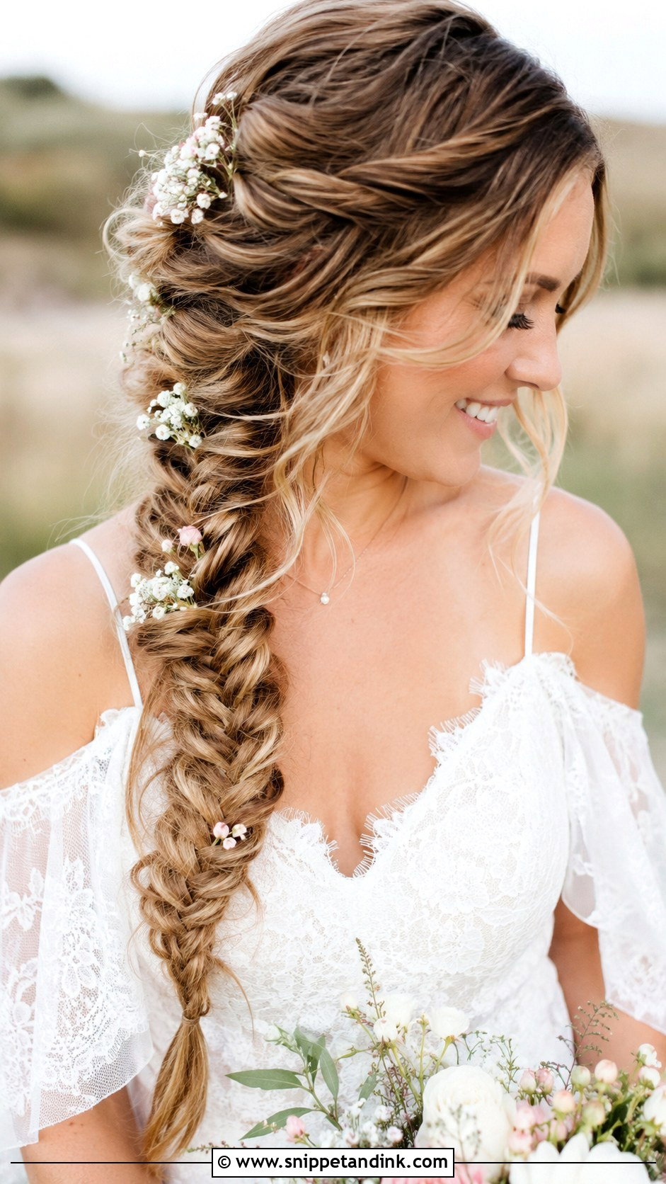 Fishtail Braid With Small Flowers - Snippet and Ink - 20 Flower Wedding Hairstyles
