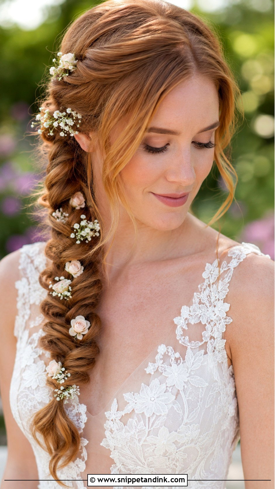 Fishtail Braid With Tiny Blooms - Snippet and Ink - 25 Wedding Hair with Flowers