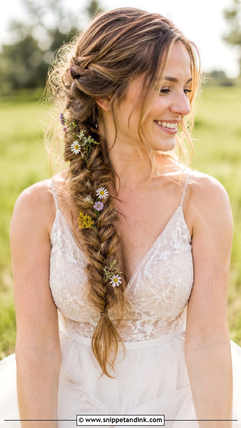 Fishtail Braid With Wildflowers - Snippet and Ink - 20 Hippie Wedding Hair Ideas
