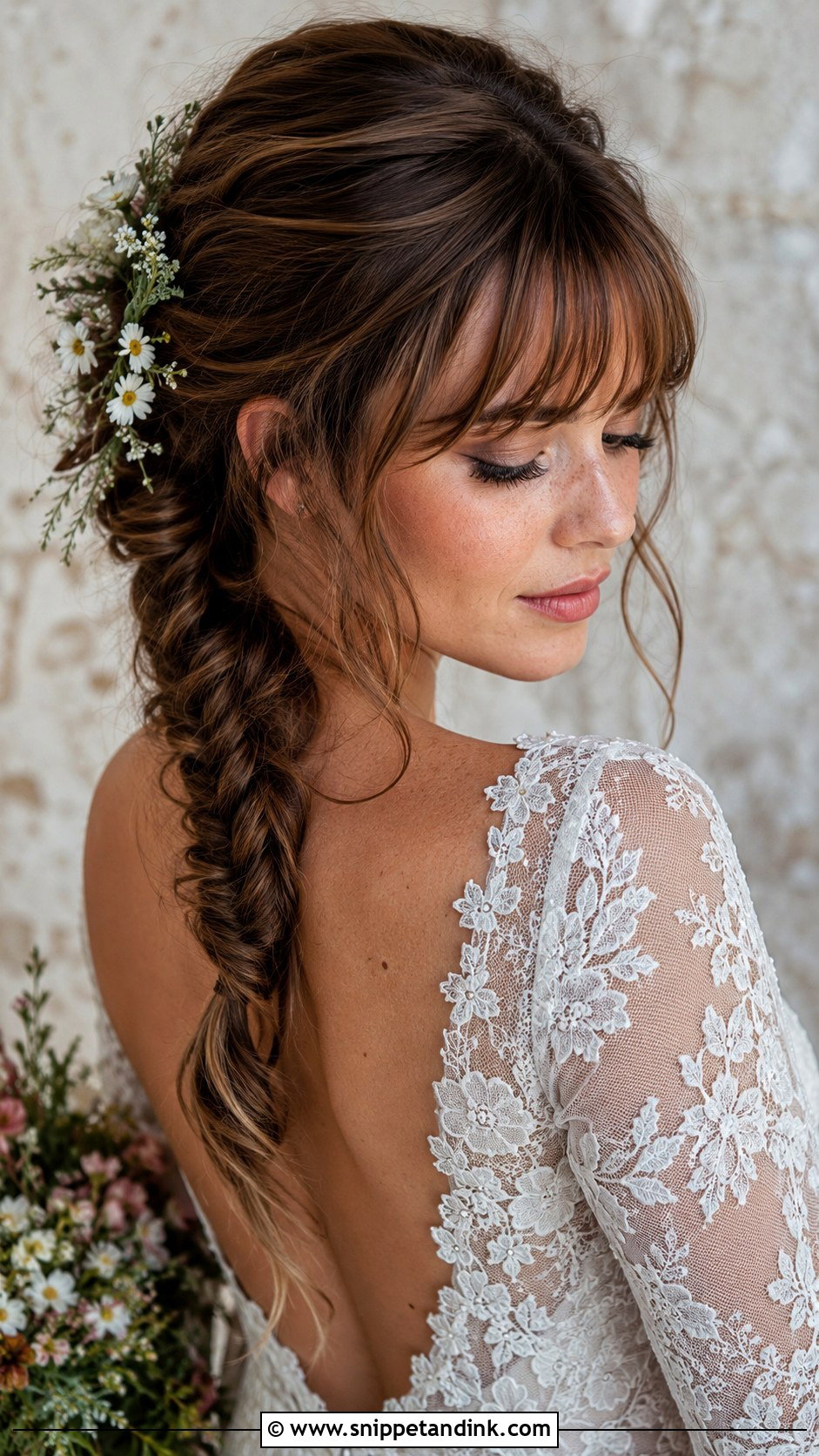 Fishtail Braid With Wispy Bangs - Snippet and Ink - 20 Bridal Hairstyle for Big Forehead Ideas