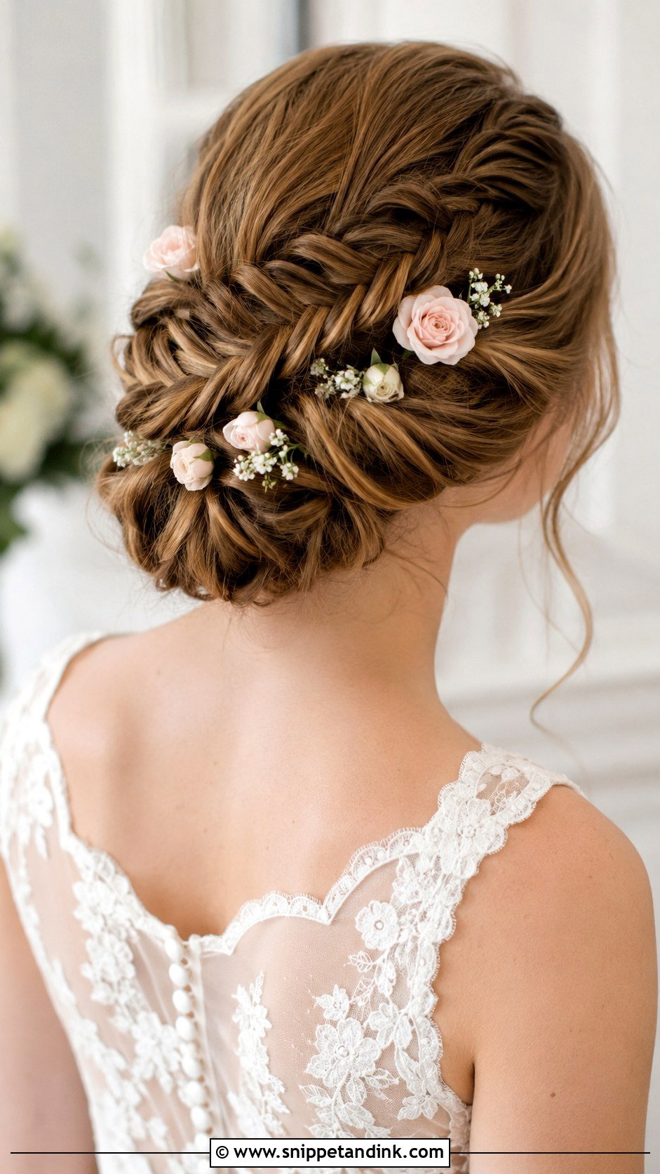 Fishtail Braided Bun with Blooms - Snippet and Ink - 20 Bridal Hair Buns with Flowers