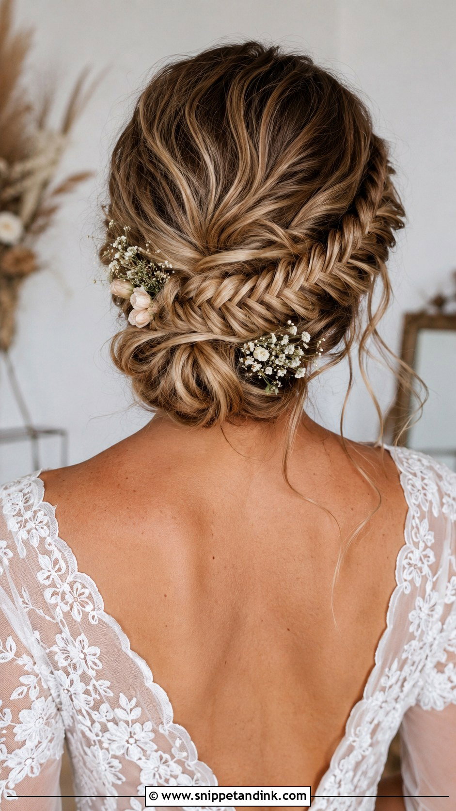 Fishtail Braided Low Bun - Snippet and Ink - 20 Low Loose Bun Wedding Ideas