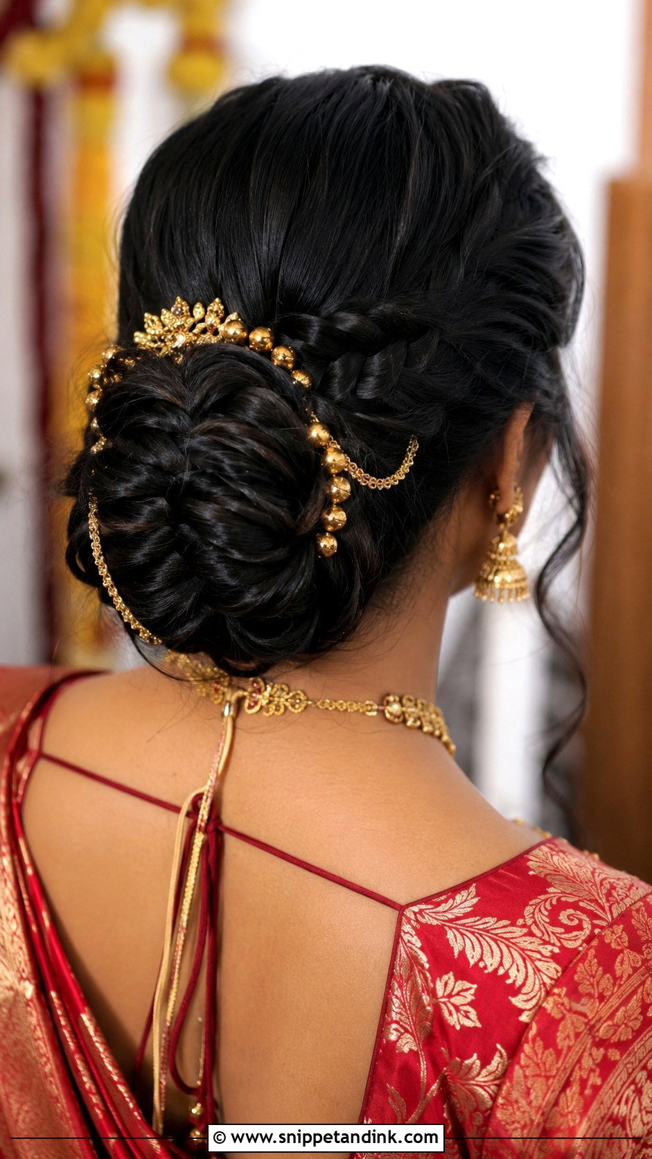 Fishtail Bun With Gold Accessories - Snippet and Ink - 20 Indian Bridal Hair Ideas