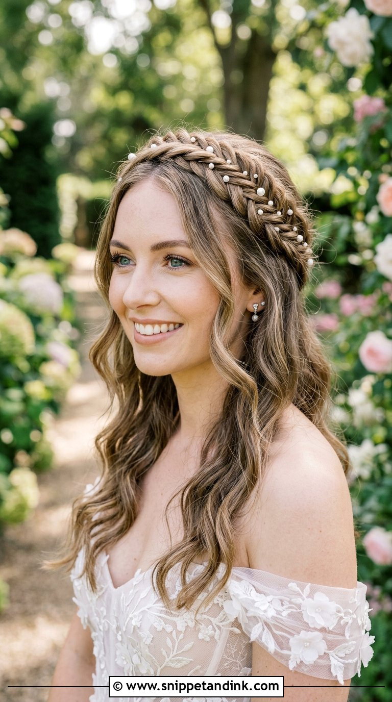 Fishtail Crown Braid Wedding Hair - Snippet and Ink - 20 Braided Half-Up Half-Down Wedding Hair Ideas