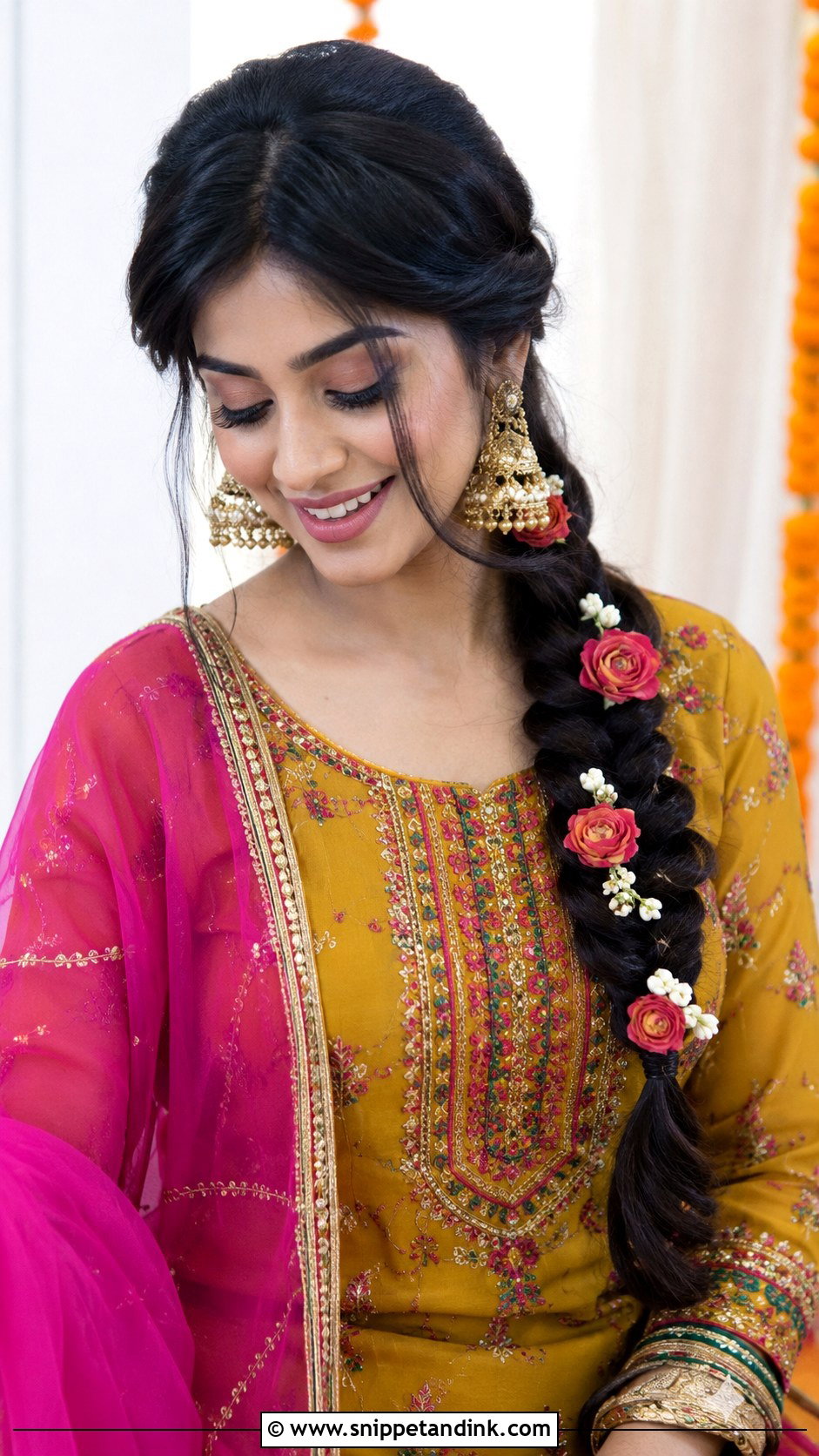 Fishtail Side Braid with Flowers - Snippet and Ink - 25 Dholki Hairstyles