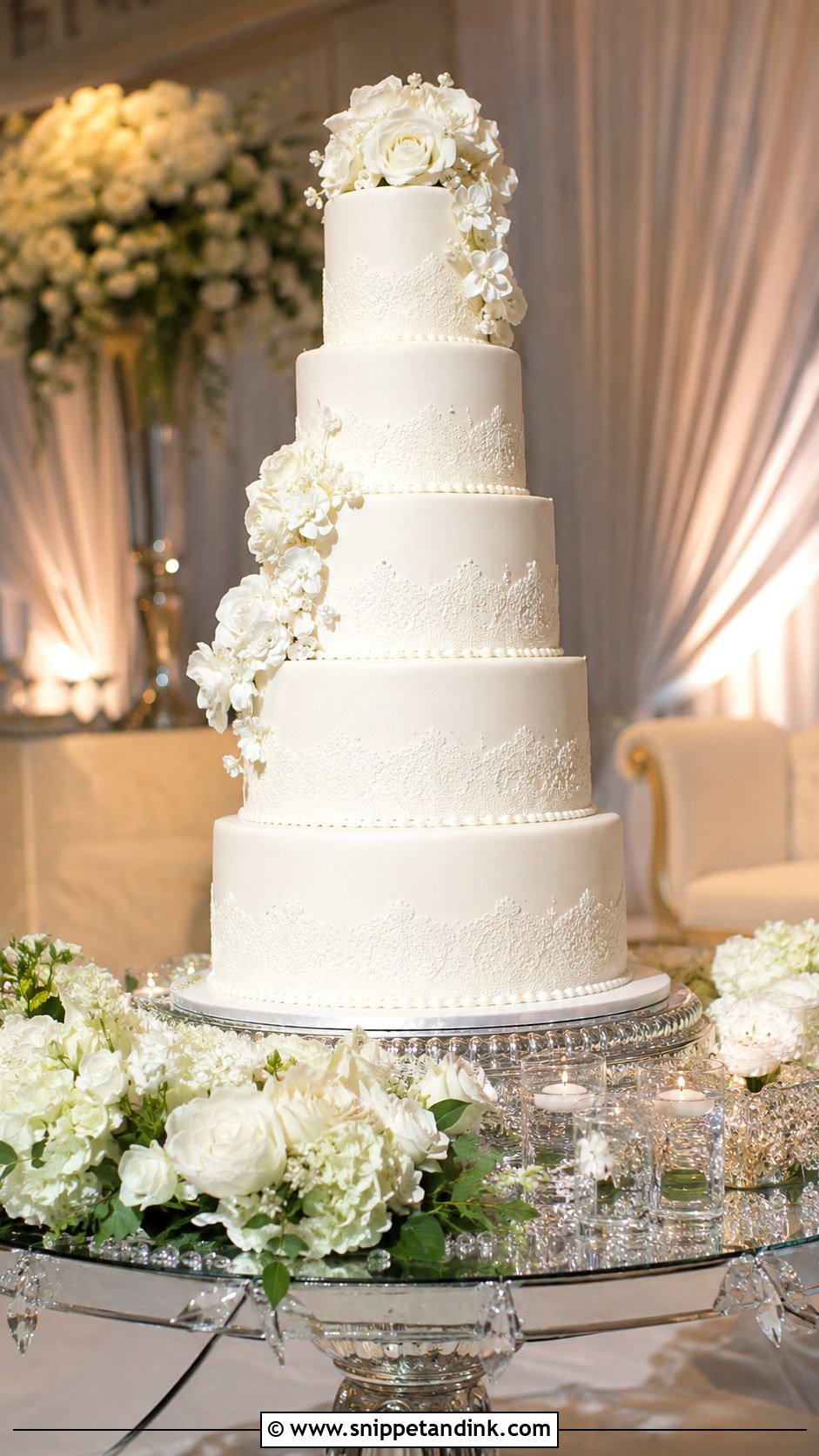 Five Tier Wedding Cake For 200 Guests - Snippet and Ink - 25 Wedding Cake Size Guide