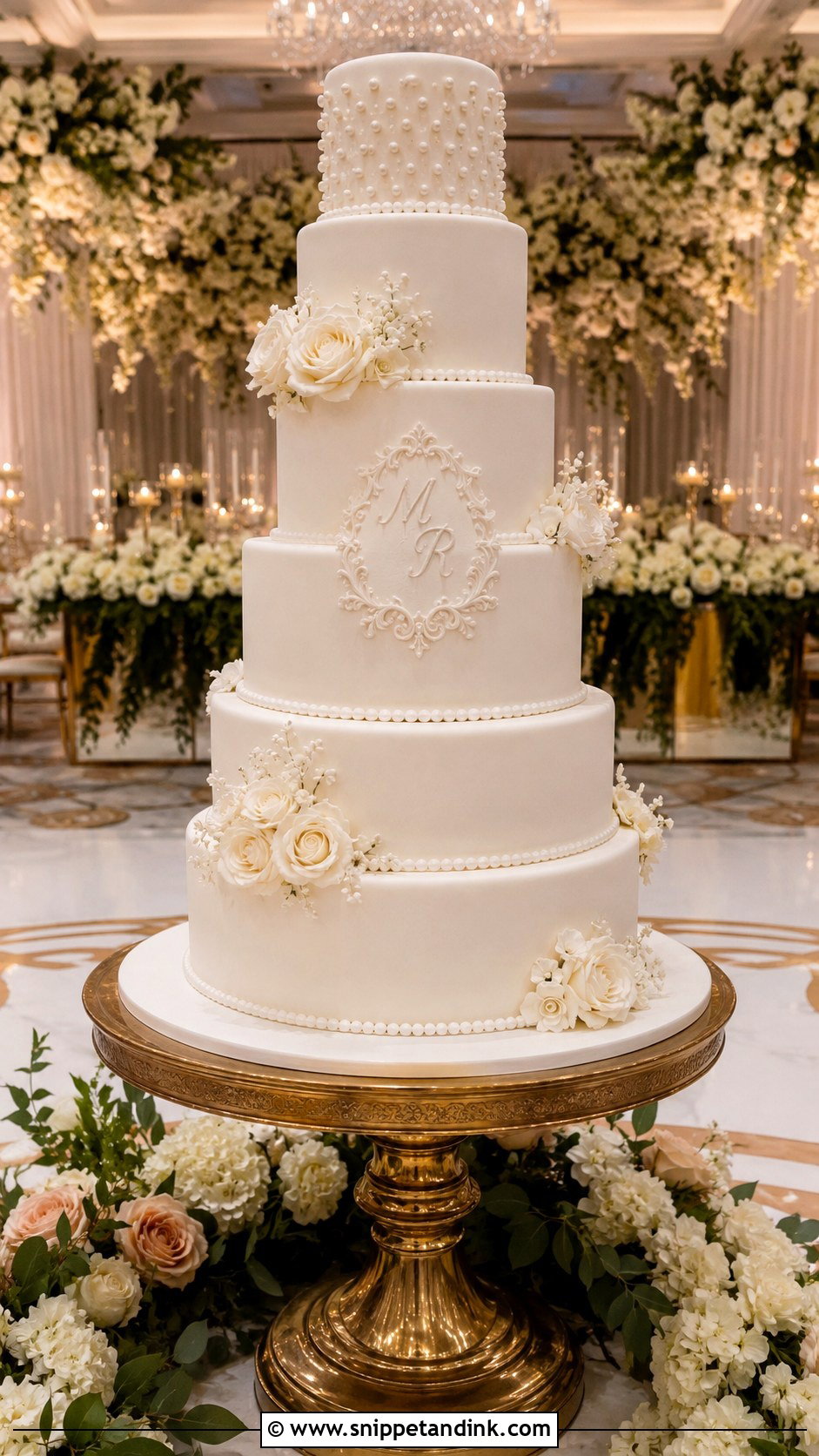 Five Tier Wedding Cake For 250 Guests - Snippet and Ink - 25 Wedding Cake Size Guide